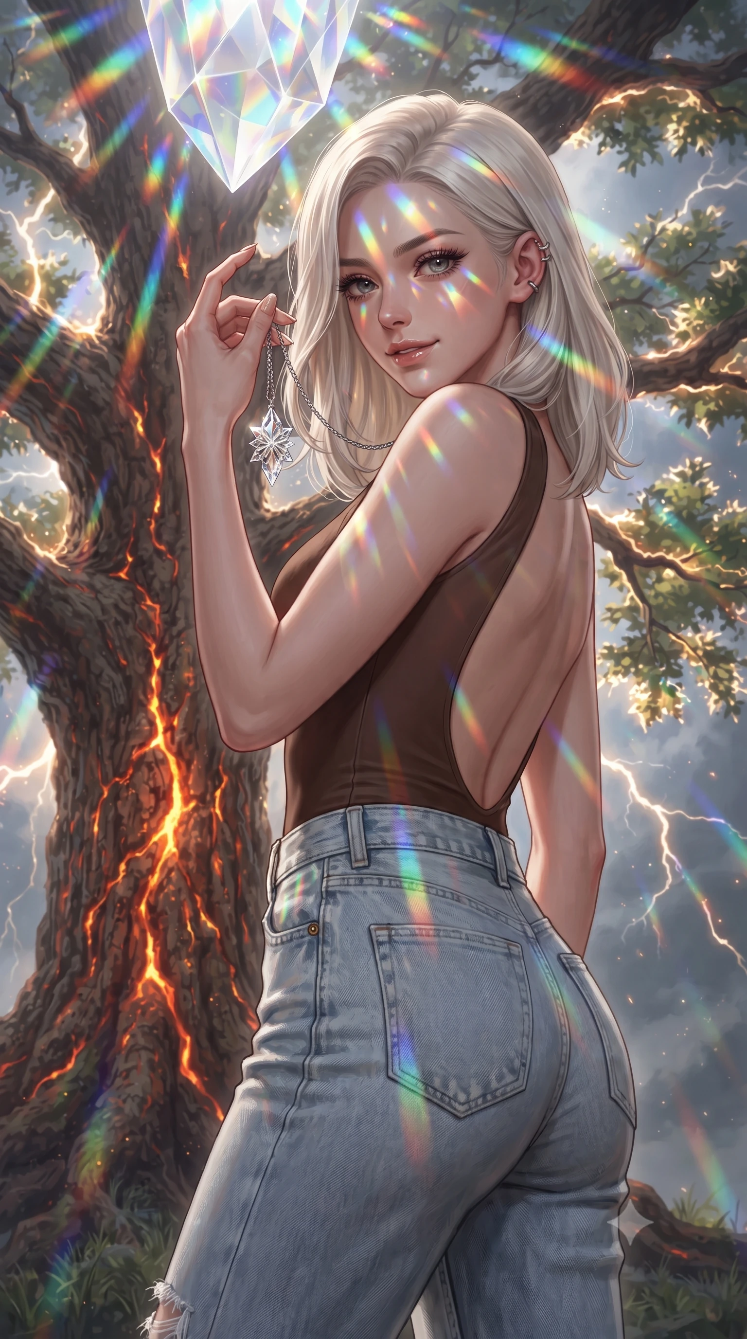 score_9, masterpiece, best quality, ultra-detailed, high-budget anime keyframe, editorial fashion photography, tasteful artistic composition, Caucasian woman, strictly human ears. close-up cowboy shot from the waist and thighs up, the character dominates the composition, filling the frame with her large presence, background elements kept in soft focus. Holding a delicate object up near her face while gazing at the viewer with a knowing smile. set against a soft-focus background of beside a massive ancient oak tree at the exact moment of lightning strike the wood glowing from within like veins of fire every leaf edge electrified with corona discharge and the air itself crackling with ozone. She has an exceptionally elegant and slender, willowy female figure with an ultra-slim waist, a gracefully sculpted slender torso, and a refined slim physique. sharp v-shaped jawline, high-bridge nose, intricate jewel-like eyes with depth, thick eyelashes, glossy lips with a natural sheen. wearing a chocolate brown bodysuit with an open back, paired with high-waisted light-wash boyfriend jeans. cascading rainbow prismatic light refracting through crystal formations overhead. 2k, ultra detail, master piece, 9:16 ratio