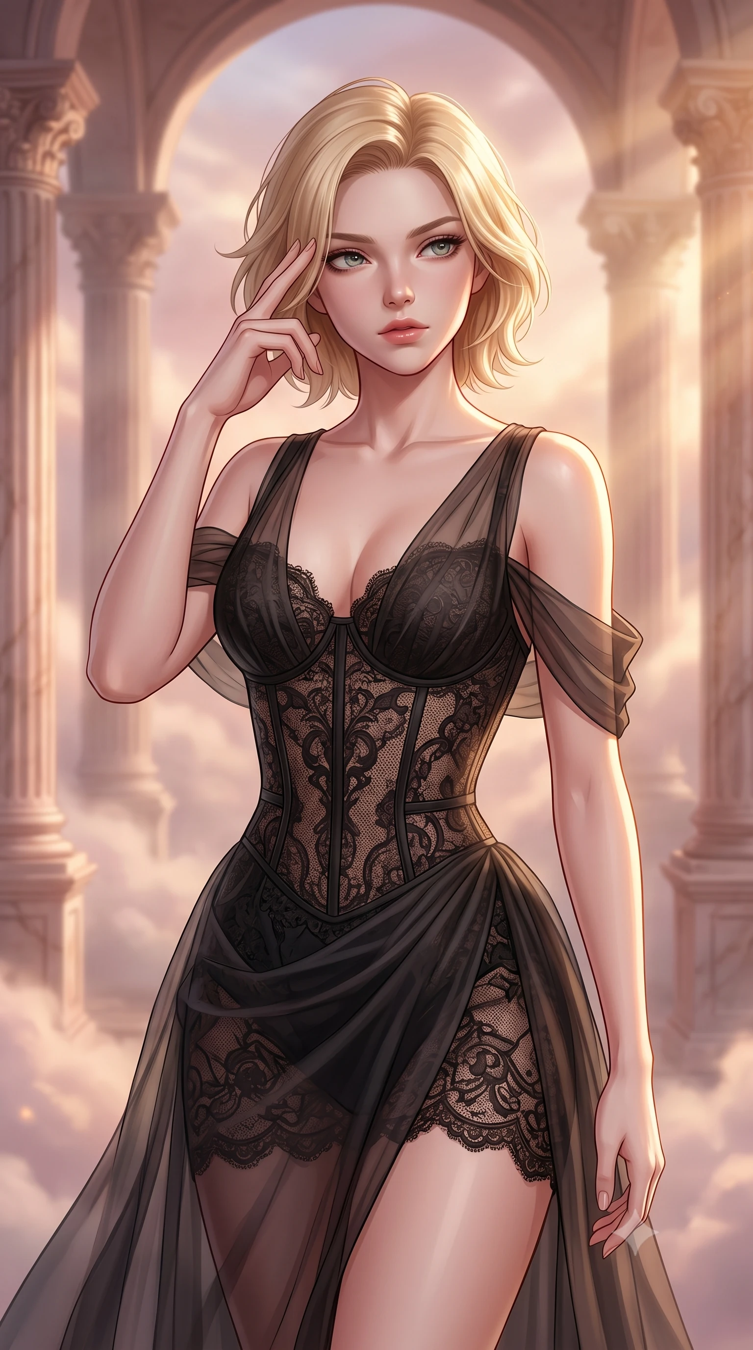 score_9, masterpiece, best quality, ultra-detailed, high-budget anime keyframe, editorial fashion photography, tasteful artistic composition, Caucasian woman woman. close-up cowboy shot from the waist and thighs up, the character dominates the composition, filling the frame with her large presence, background elements kept in soft focus. She has an exceptionally elegant, slender, and willowy female figure with an ultra-slim waist, a gracefully sculpted slender torso, and a refined silhouette. pressing two fingers to her temple in a composed gesture, gazing past the camera with sharp focus, flawlessly proportioned anatomical accuracy, natural body alignment, perfectly sculpted elegant limbs, clean dynamic posture without body distortion. set against a soft-focus background of a rose-gold floating cloud sanctuary with marble colonnades. wearing a fine black lace corset dress with sheer organza drapes revealing a sculpted waistline. bathed in warm sunset sunbeams slicing through misty cloud drapes with a golden rim light. highly saturated vibrant anime colors, detailed shading with soft gradients, rich glossy textures, high-contrast stereoscopic depth, volumetric dynamic lighting, master piece, 9:16 ratio