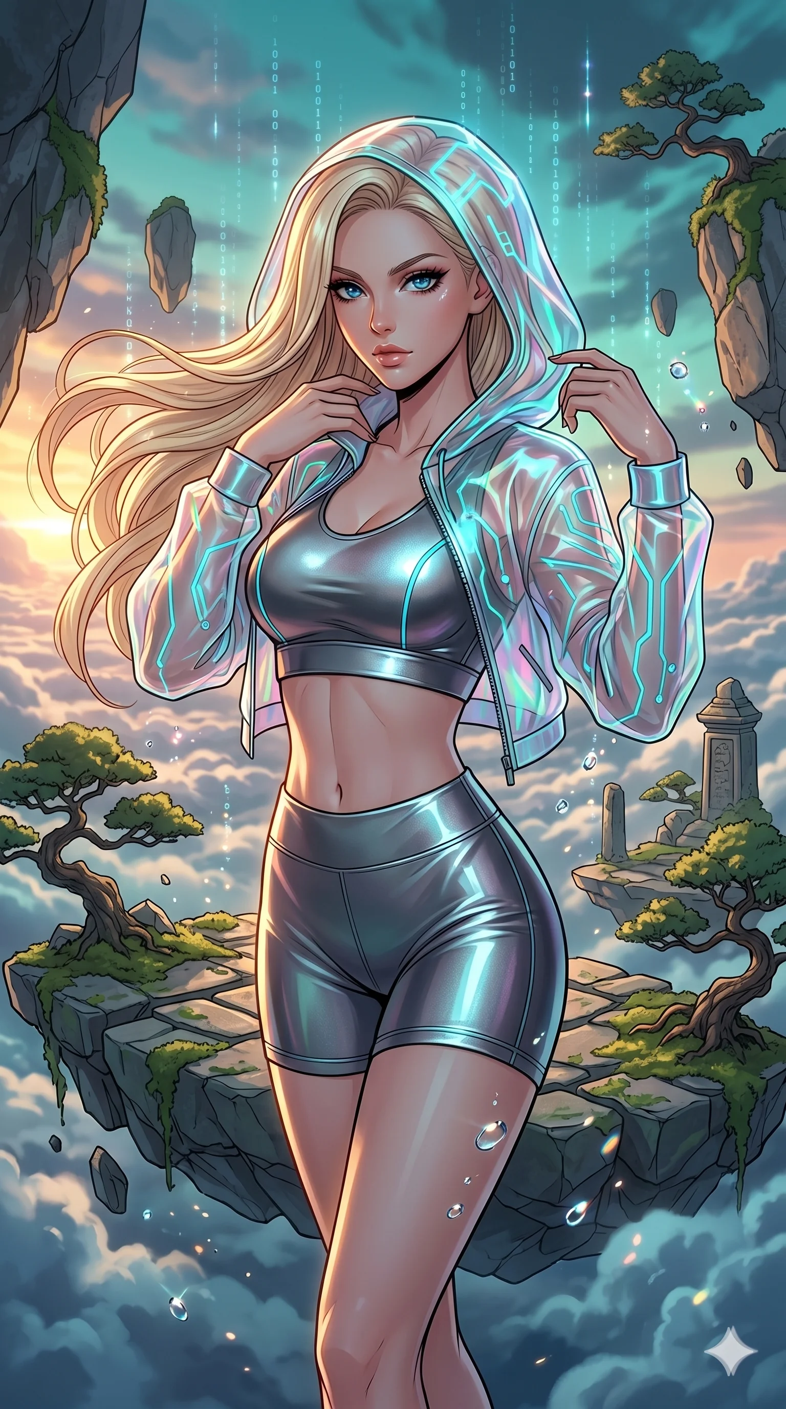 score_9, masterpiece, best quality, ultra-detailed, high-budget anime movie keyframe, cinematic anime lighting, intricate line art, Caucasian (strictly human ears) woman. Upper body filling screen focusing on her alluring features and slim-fit silhouette. navigating a sea of clouds in a floating zen garden with holographic rain. She has an absolutely perfect 8-heads proportion, an exceptionally tall and slender female figure with an ultra-slim waist and impossibly long slender legs. sharp v-shaped jawline, high-bridge nose, intricate jewel-like eyes, thick eyelashes, glossy lips. Wearing premium athleisure set with a metallic-finish compression top, high-cut yoga shorts that accentuate her long legs, and a sheer oversized hoodie. The scene is illuminated by dramatic atmospheric lighting and vibrant color palettes. , 2k, ultra detail, master piece, 9:16 ratio