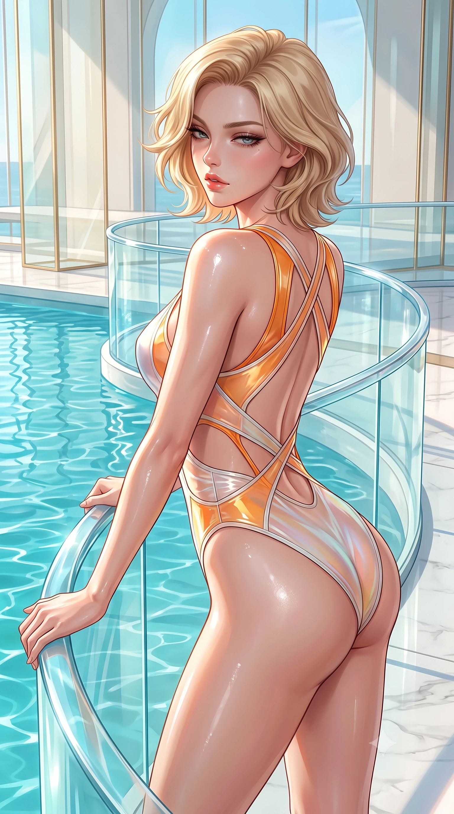 score_9, masterpiece, best quality, ultra-detailed, high-budget anime keyframe, semi-realistic 3D game render, editorial fashion photography, tasteful artistic composition, Caucasian woman. close-up cowboy shot from the waist and thighs up, the character dominates the composition, filling the frame with her large presence. casting a slow, smoldering gaze beneath heavy lashes with parted glossy lips, her head slightly tilted in captivating self-assurance while leaning seductively against a curved crystal balustrade with sunlight reflecting off her glossy skin. The surrounding environment is rendered in vivid detail and crisp panoramic clarity. crisp champagne glass panel geometries, clear turquoise water ripples, and polished white stone in deep focus. She has an exceptionally elegant, slender, and willowy female figure with an ultra-slim waist, a gracefully sculpted slender torso, toned flat midriff, and a refined slim silhouette. sharp v-shaped jawline, high-bridge nose, intricate jewel-like eyes with depth, thick eyelashes, glossy lips with a natural sheen, flawlessly proportioned anatomical accuracy, strict slender model proportions, natural body alignment, perfectly sculpted long slender limbs, ultra-slim waistline, clean dynamic posture without body distortion. wearing a high-cut translucent vinyl leotard with front paneling, exposed side-rib cutouts, and an open back in vivid sunset amber orange and cloud white, made of smooth iridescent silk chiffon that shifts colors with movement, complemented by criss-cross back straps highlighting her completely bare spine, the glove-like aerodynamic second-skin fit tightly clinging to her ultra-slender waist and athletic curves without adding bulk, accentuating her razor-sharp statuesque lines and slim hourglass silhouette. surrounded by an opulent, luminous, and enchantingly seductive contemporary pavilion ambiance. highly saturated vibrant anime colors, detailed shading with soft gradients, rich glossy textures, high-contrast stereoscopic depth, volumetric dynamic lighting, master piece, 9:16 ratio