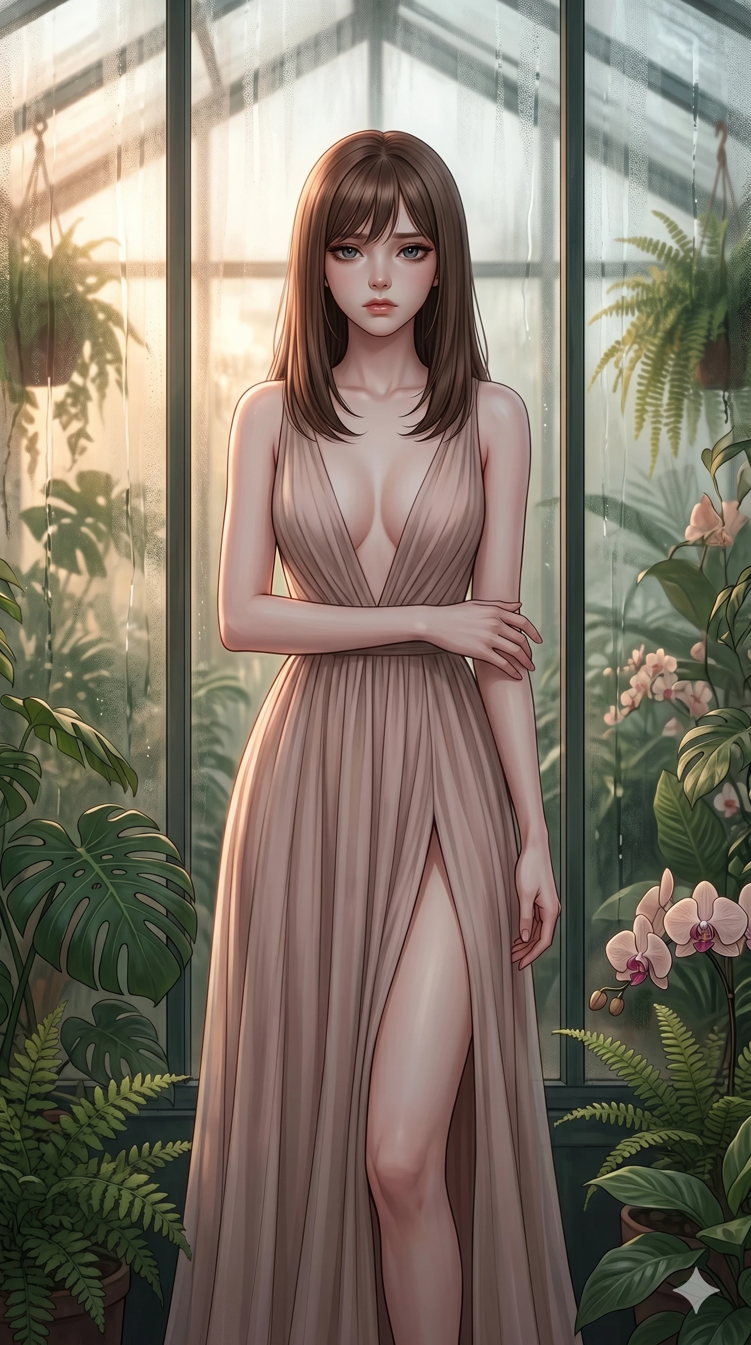 score_9, masterpiece, best quality, ultra-detailed, high-budget anime keyframe, editorial fashion photography, tasteful artistic composition, Korean woman. cowboy shot from the thighs up, character and outfit filling the frame for maximum editorial presence. staring directly into the lens with a hollow, heartbroken look, her face pale and devoid of hope inside a glass-walled greenhouse with condensation trickling down the panes (Scenario Code S-52). She has an absolutely perfect 8-heads proportion, an exceptionally tall and slender female figure with impossibly long slender legs and an ultra-slim waist. V-shaped jawline, high-bridge nose, intricate jewel-like eyes with depth, thick eyelashes, glossy lips with a natural sheen. wearing a lightweight draped chiffon gown with a plunging V-neckline and a high front slit. drenched in a soft golden hour light that contrast with her mournful, sad expression. 2k, ultra detail, master piece, 9:16 ratio