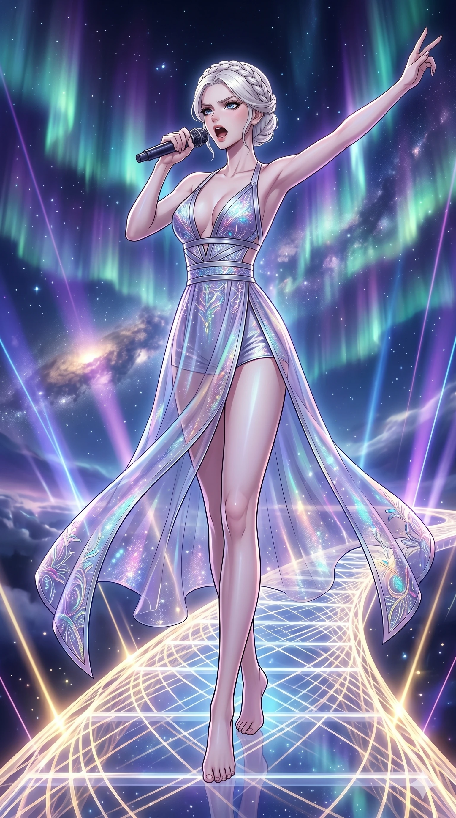 score_9, masterpiece, best quality, ultra-detailed, high-budget anime movie keyframe, cinematic anime lighting, intricate line art, Korean woman. Dynamic full-body shot stretching the vertical silhouette across the 9:16 frame. singing on a laser stage in a celestial bridge made of light amidst aurora borealis. She has an absolutely perfect 8-heads proportion, an exceptionally tall and slender female figure with an ultra-slim waist and impossibly long slender legs. sharp v-shaped jawline, high-bridge nose, intricate jewel-like eyes, thick eyelashes, glossy lips. Wearing modernized deep-plunging silk hanbok-fusion with metallic straps, a high-slit sheer skirt over micro-shorts, and holographic embroidered patterns. The scene is illuminated by dramatic atmospheric lighting and vibrant color palettes. , 2k, ultra detail, master piece, 9:16 ratio