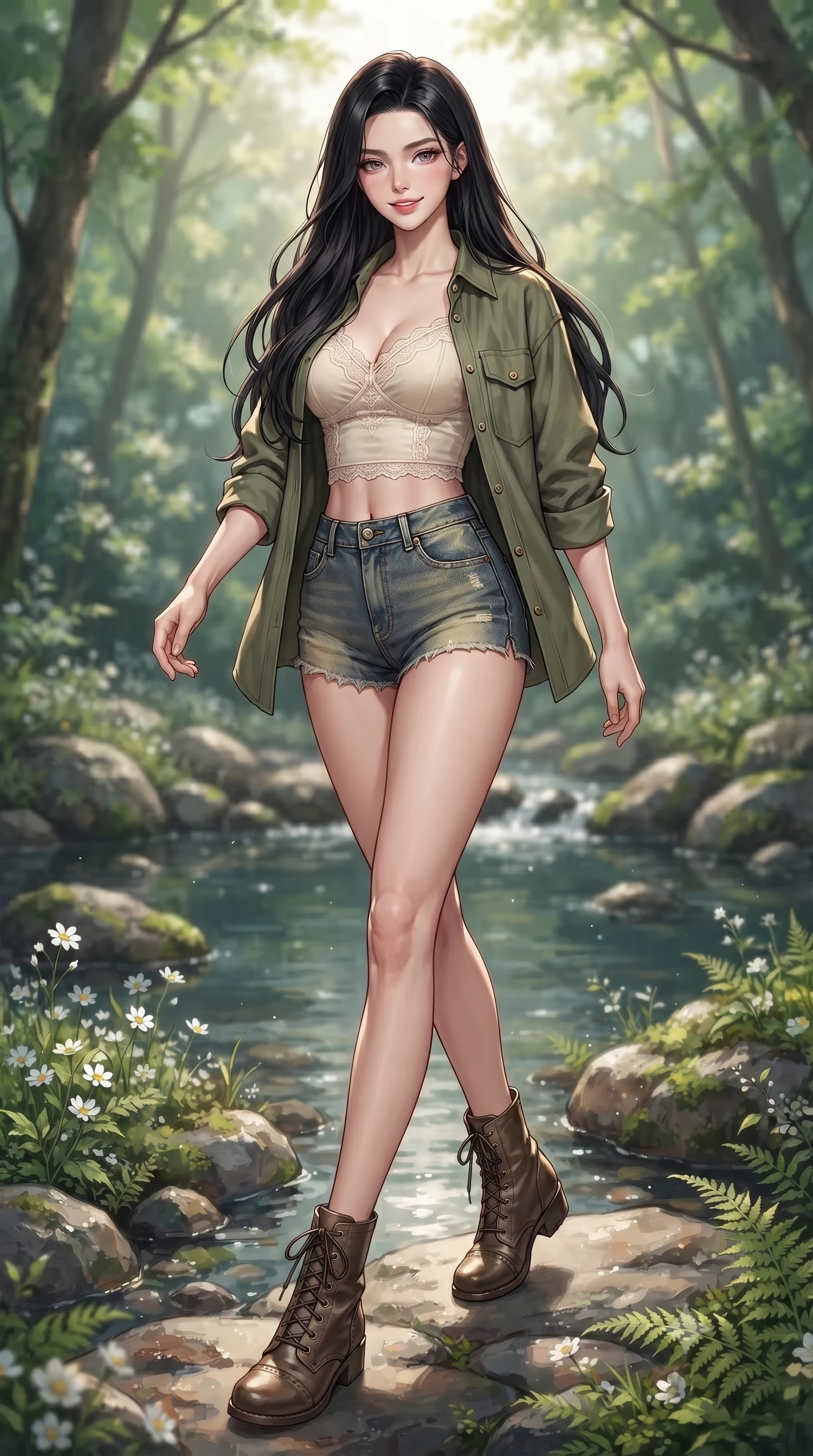 score_9, masterpiece, best quality, ultra-detailed, high-budget anime keyframe, editorial fashion photography, tasteful artistic composition, Korean woman. low angle full-body shot from head to toe showing her feet, filling the entire 9:16 vertical frame with her statuesque presence, stretching her vertical silhouette. stepping forward with an alluring, magnetic smile, her graceful posture highlighting her statuesque silhouette set against a soft-focus background of next to a quiet forest pond fed by a cold mountain stream with small white wildflowers growing between the mossy river rocks. She has an absolutely perfect, statuesque 8.5-heads proportion, an exceptionally tall and slender model-like female figure with impossibly long slender legs and an ultra-slim waist. sharp v-shaped jawline, high-bridge nose, intricate jewel-like eyes with depth, thick eyelashes, glossy lips with a natural sheen. wearing slim-fit delicate lace-accented crop top under an open utility shirt, paired with micro-shorts. soft afternoon sunlight reflecting off the wet rocks and water pool. highly saturated vibrant anime colors, detailed shading with soft gradients, rich glossy textures, high-contrast stereoscopic depth, volumetric dynamic lighting, master piece, 9:16 ratio