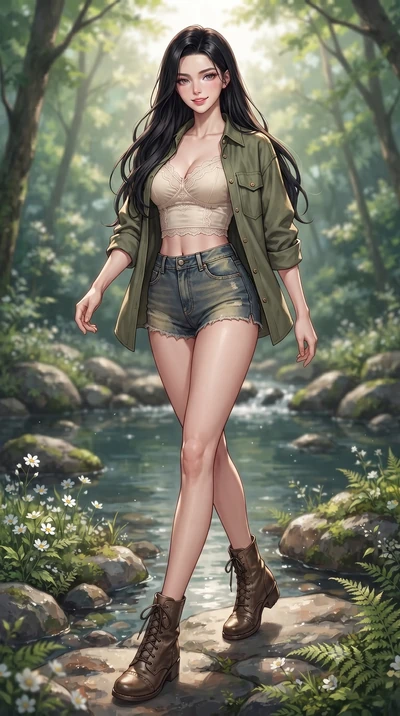 score_9, masterpiece, best quality, ultra-detailed, high-budget anime keyframe, editorial fashion photography, tasteful artistic composition, Korean woman. low angle full-body shot from head to toe showing her feet, filling the entire 9:16 vertical f
