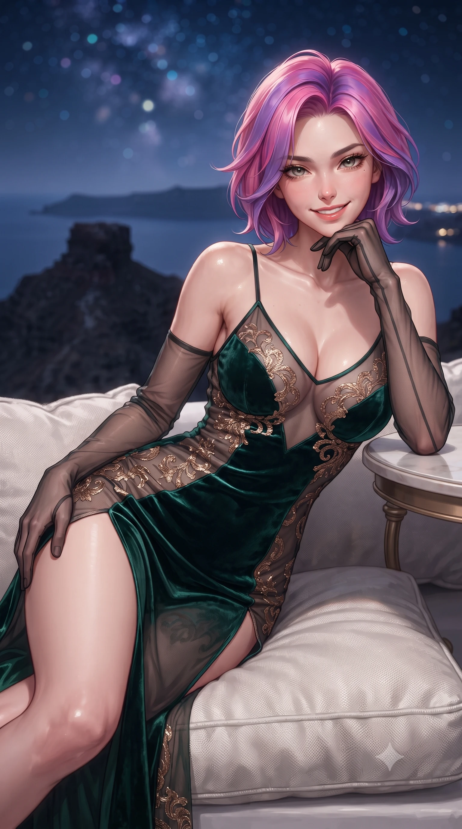 score_9, masterpiece, best quality, ultra-detailed, high-budget anime keyframe, editorial fashion photography, tasteful artistic composition, Caucasian woman. close-up cowboy shot from the waist and thighs up, the character dominates the composition, filling the frame with her large presence. resting one elbow on the table and supporting her chin, leaning close to the camera with heavy-lidded sparkling eyes and parted lips while reclining gracefully across the plush white cushions propped on one elbow, flashing a radiant, flirtatious smile toward the lens. The background shows a soft-focus rugged silhouette of historic Skaros Rock jutting into the midnight Aegean, distant lights of Thira town, and starry heavens blurred into indigo, diamond, and topaz bokeh. She has an exceptionally elegant, slender, and willowy female figure with an ultra-slim waist, flat toned midriff, narrow ribcage, and sculpted feminine hips creating an alluring, slim hourglass silhouette without bulk. sharp v-shaped jawline, high-bridge nose, intricate jewel-like sparkling eyes with depth, thick eyelashes, glossy parted lips with a natural peach sheen, bright cheerful beaming smile with an enchanting and coquettish sensual glint, exuding both youthful cute charm and seductive allure, flawlessly proportioned anatomical accuracy, strict slender model proportions, natural body alignment, perfectly sculpted long slender limbs, ultra-slim waistline, clean dynamic posture without body distortion. wearing a gossamer sheer mesh slip dress with delicate gold embroidery and hip-high double side slits in deep emerald velvet and shimmering bronze, tailored from ultra-plush silk velvet with rich tactile depth and deep shadow gradients, complemented by sheer opera-length evening gloves tracing her slender arms, the liquid-tight tailored fabric clinging flawlessly to her narrow waist and rounded feminine hips, emphasizing every millimeter of her sculpted slim hourglass curves without any bulky heaviness. illuminated by white stucco bounce fill and sharp bronze-gold rim lights defining her dewy collarbones, ultra-slim waist, and curvy hips. ultra-reflective glossy finish, specular highlights, rich textural contrasts, high-contrast stereoscopic depth, volumetric dynamic lighting, 2k, ultra detail, master piece, 9:16 ratio