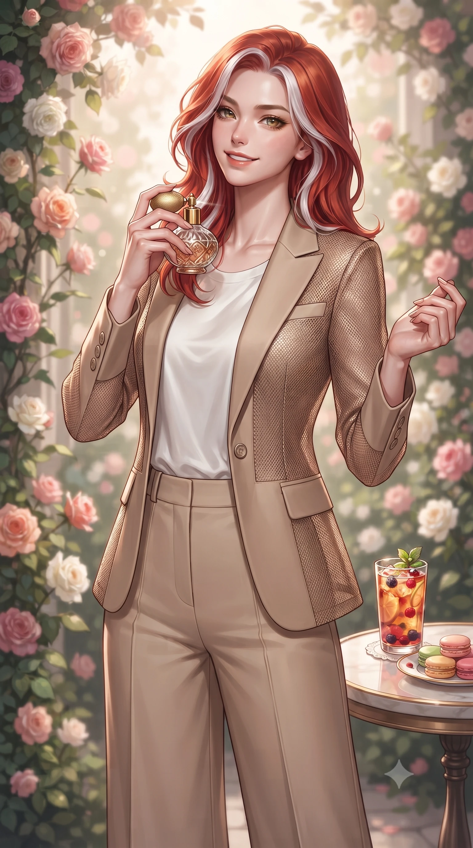 score_9, masterpiece, best quality, ultra-detailed, high-budget anime keyframe, editorial fashion photography, tasteful artistic composition, Caucasian woman. close-up cowboy shot from the waist and thighs up, the character dominates the composition, filling the frame with her large presence, background elements kept in soft focus. holding a vintage perfume bottle to her neck, smiling with quiet magnetic self-assurance set against a soft-focus background of inside an exclusive rose conservatory with a glass of iced fruit tea and delicate macaron pastries arranged on the table. She has an exceptionally elegant, slender, and willowy female figure with an ultra-slim waist, a gracefully sculpted slender torso, and a refined silhouette. sharp v-shaped jawline, high-bridge nose, intricate jewel-like eyes with depth, thick eyelashes, glossy lips with a natural sheen. wearing form-contouring warm beige contouring mesh tailored casual blazer paired with a loose tee and wide-leg trousers featuring refined tailored seams. accented by a single dramatic key light highlighting her statuesque posture and slim waist. ultra-reflective glossy finish, specular highlights, metallic sheen, high-contrast stereoscopic depth, volumetric dynamic lighting, 2k, ultra detail, master piece, 9:16 ratio