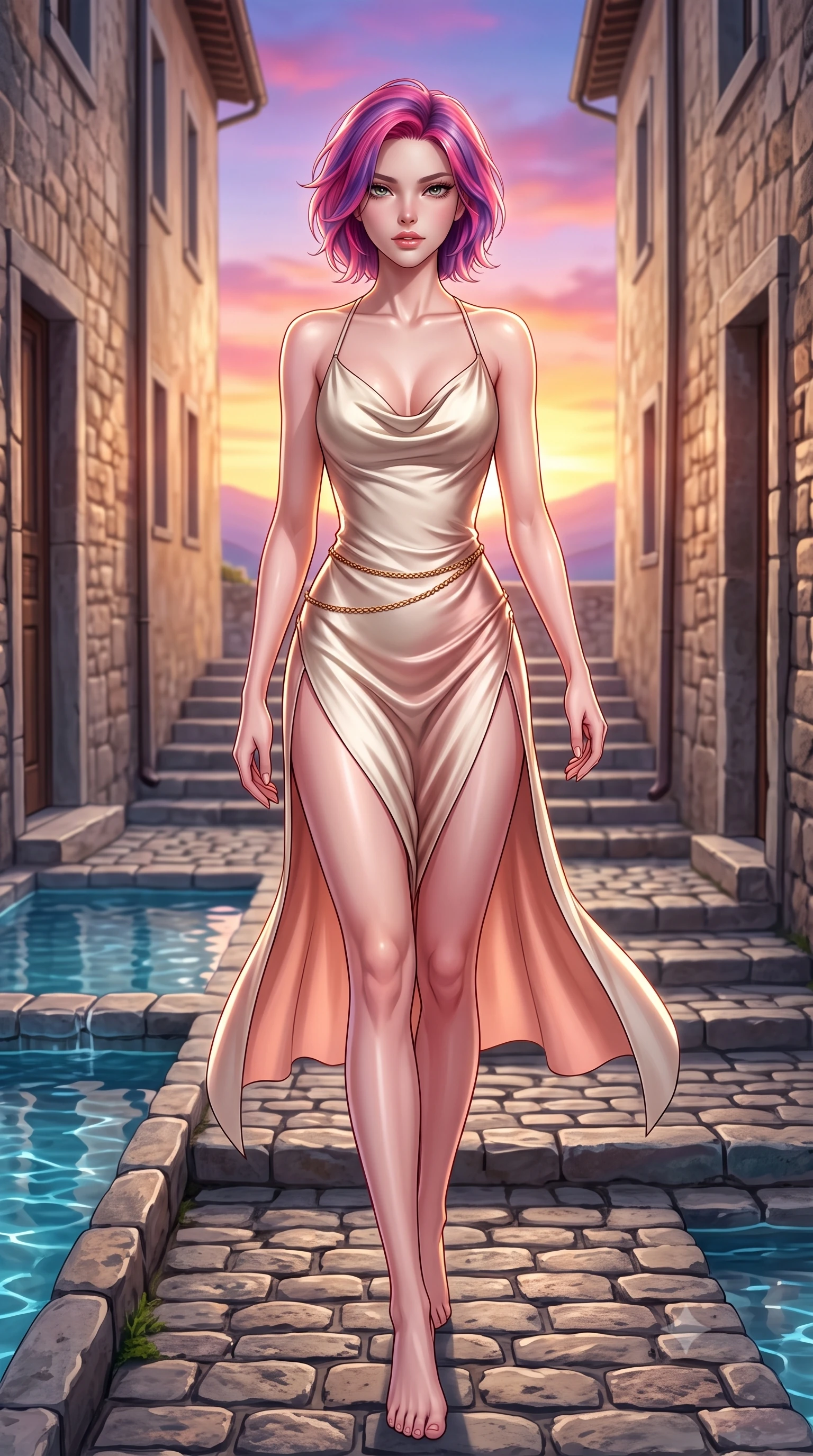 score_9, masterpiece, best quality, ultra-detailed, high-budget anime keyframe, semi-realistic 3D game render, editorial fashion photography, tasteful artistic composition, Caucasian woman. low angle full-body shot from head to toe showing her feet, filling the entire 9:16 vertical frame with her statuesque presence, stretching her vertical silhouette. striding forward in a proud supermodel runway stride, hips swaying in an alluring kinetic rhythm that accentuates her curvy hourglass silhouette while walking down the narrow cobblestone village steps with supermodel poise, her sheer linen dress fluttering to reveal her long slender legs. The surrounding environment is rendered in vivid detail and crisp panoramic clarity. detailed linen dress weave, pool water ripple clarity, and sunset horizon gradients in high resolution. She has an exceptionally tall and slender model-like 8.5-heads proportion, an ultra-slim waist, a flat toned midriff, narrow delicate ribcage, and beautifully sculpted feminine hips creating a graceful, slim hourglass silhouette without any bulky heaviness, with impossibly long slender legs. sharp v-shaped jawline, high-bridge nose, intricate jewel-like eyes with depth, thick eyelashes, glossy parted lips with a natural sheen, intensely captivating and seductive bedroom-eyes expression, flawlessly proportioned anatomical accuracy, strict slender model proportions, natural body alignment, perfectly sculpted long slender limbs, ultra-slim waistline, clean dynamic posture without body distortion. wearing a backless cowl-neck satin slip dress featuring high-cut side hip slits and delicate criss-cross back straps in vintage champagne ivory and delicate rose gold, tailored from liquid silk jersey adhering flawlessly to her slender build, accented with a delicate gold chain belt resting loosely on her curvy hips, the dramatically scooped open back descending to the base of her spine, accentuating her razor-sharp statuesque lines and slim hourglass silhouette. illuminated by glowing specular sun glints defining her sculpted collarbones, narrow waist, and rounded hips. highly saturated vibrant anime colors, detailed shading with soft gradients, rich glossy textures, high-contrast stereoscopic depth, volumetric dynamic lighting, master piece, 9:16 ratio