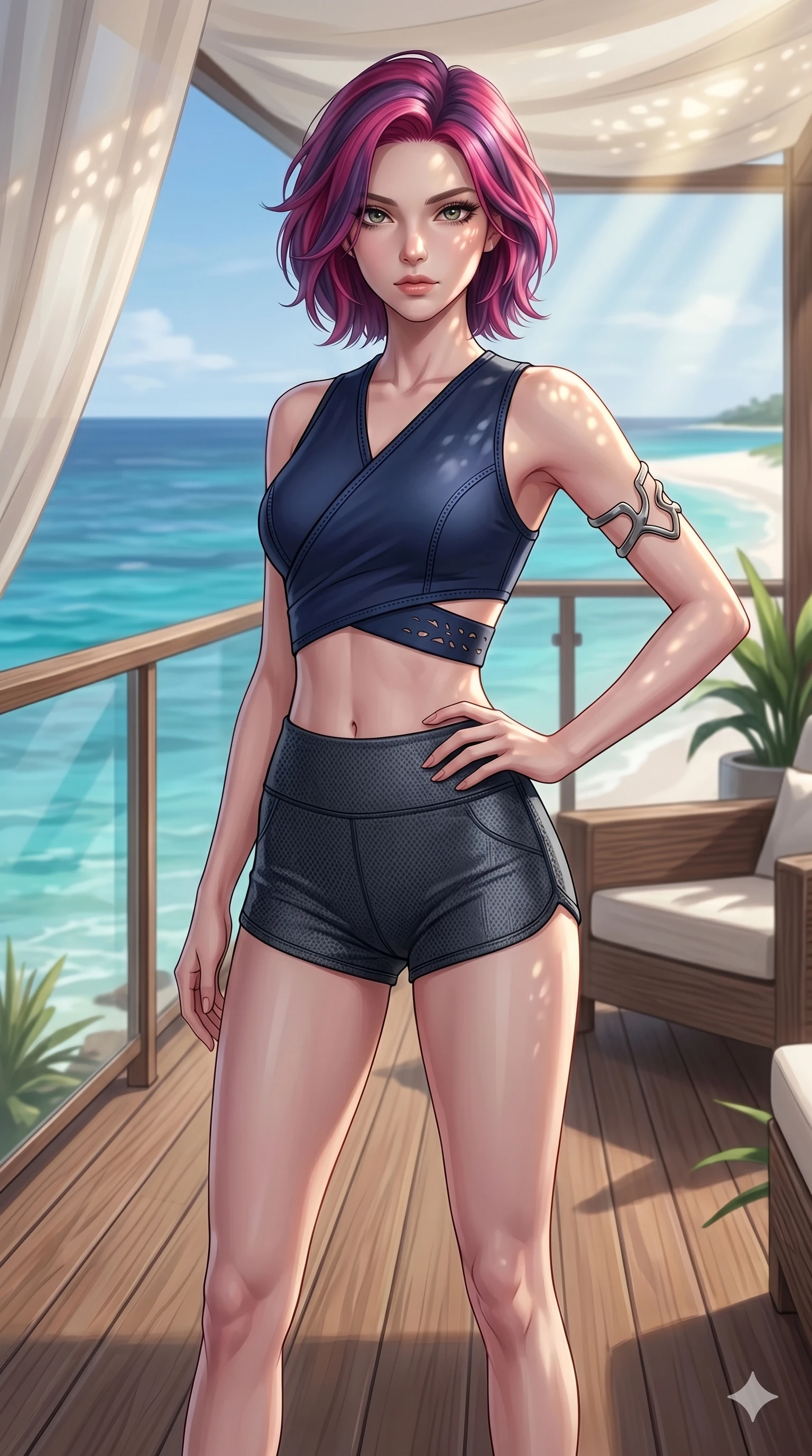 score_9, masterpiece, best quality, ultra-detailed, high-budget anime keyframe, editorial fashion photography, tasteful artistic composition, Caucasian woman, strictly human ears. cowboy shot from the thighs up, character and outfit filling the frame for maximum editorial presence. resting her hand on her hip, looking directly into the camera with quiet self-assurance on a private teak deck of a beach villa overlooking the ocean (Code-P19-097). She has an absolutely perfect 8-heads proportion, an exceptionally tall and slender female figure with impossibly long slender legs and an ultra-slim waist. V-shaped jawline, high-bridge nose, intricate jewel-like eyes with depth, thick eyelashes, glossy lips with a natural sheen. wearing a wrap top exposing her bare midriff and micro-shorts in technical neoprene. soft morning sunbeams filtering through the canopy, highlighting her high-bridge nose. 2k, ultra detail, master piece, 9:16 ratio