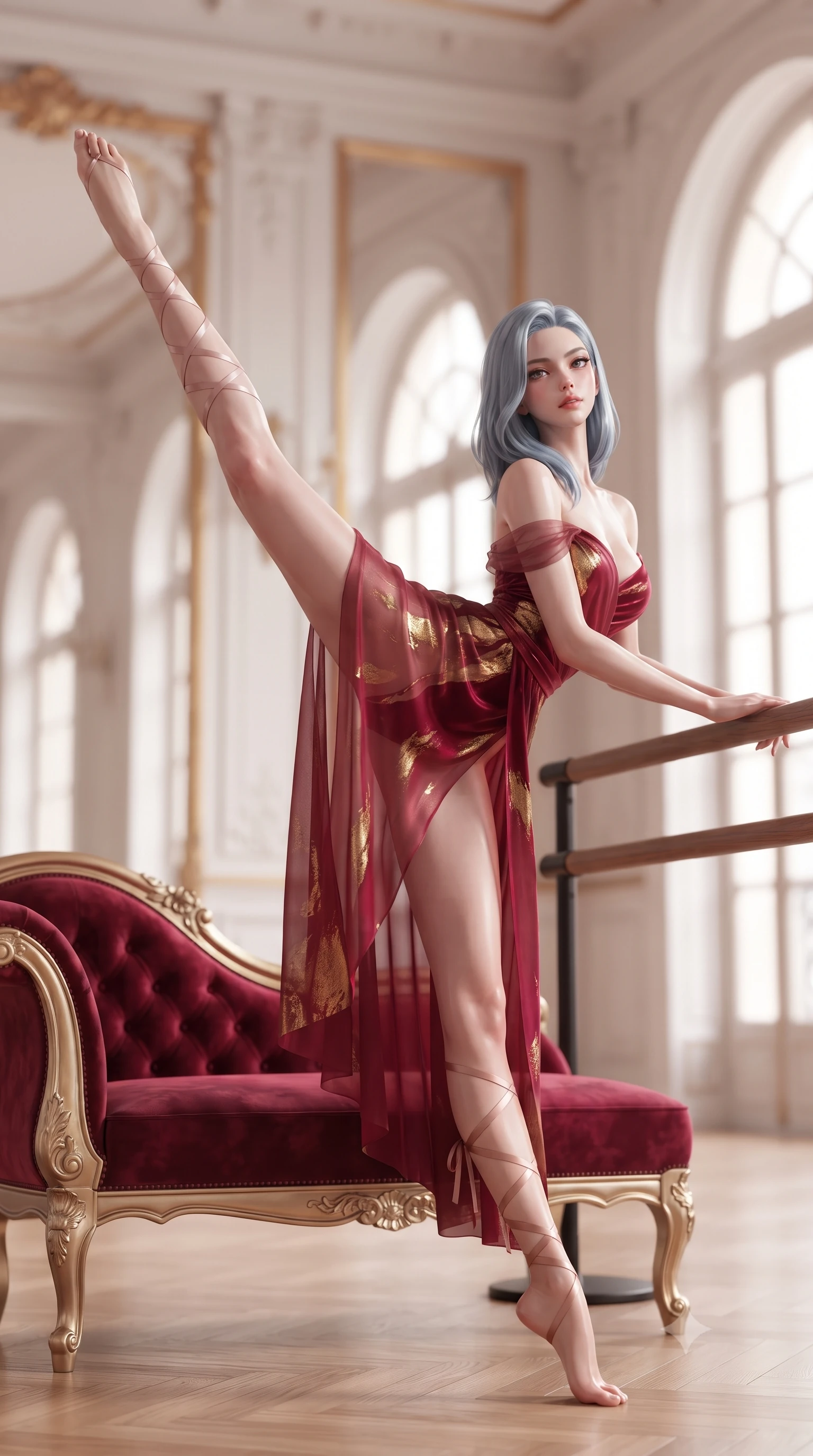 score_9, masterpiece, best quality, ultra-detailed, high-budget anime keyframe, editorial fashion photography, tasteful artistic composition, Korean woman. low angle full-body shot from head to toe showing her feet, filling the entire 9:16 vertical frame with her statuesque presence, stretching her vertical silhouette. reclining gracefully across the plush chaise lounge with one leg extended, her sculpted silhouette and flat midriff radiating magnetic nocturnal glamour while resting one hand on the wooden ballet barre while extending one long slender leg in an exquisite arabesque, arching her spine with dancer poise. The background shows a soft-focus endless reflections in gilded floor-to-ceiling mirrors, soaring arched windows, and white molding blurred into cream, peach, and gold bokeh. She has an absolutely perfect, statuesque 8.5-heads proportion, an exceptionally tall and slender model-like female figure with impossibly long slender legs, an ultra-slim waist, a flat toned midriff, narrow delicate ribcage, and beautifully sculpted feminine hips creating a graceful, slim hourglass silhouette without any bulky heaviness. sharp v-shaped jawline, high-bridge nose, sparkling eyes with hypnotic seductive depth, thick curled eyelashes, glossy parted lips with a natural dewy peach sheen, alluring bedroom-eyes with an enchanting coquettish smile, exuding magnetic siren charisma and sophisticated glamour, flawlessly proportioned anatomical accuracy, strict slender model proportions, natural body alignment, perfectly sculpted long slender limbs, ultra-slim waistline, clean dynamic posture without body distortion. wearing a delicate sheer gossamer chiffon ballet wrap dress slipping off bare shoulders with a daring hip-high leg slit in royal opera house crimson velvet and shimmering gold leaf, crafted from fluid liquid silk satin that clings smoothly to every curve with a dewy sheen, finished with delicate satin ballet ribbon ties criss-crossing up her slender calves to the knee, the high-slit wrap tailoring accentuating her ultra-slim waistline and the enchanting curve of her feminine hips with alluring seductive charm. illuminated by mirror reflection bounce and sharp platinum rim lights sculpting her jawline, flat midriff, and voluptuous hip curves. ultra-reflective glossy finish, specular highlights, rich textural contrasts, high-contrast stereoscopic depth, volumetric dynamic lighting, 2k, ultra detail, master piece, 9:16 ratio