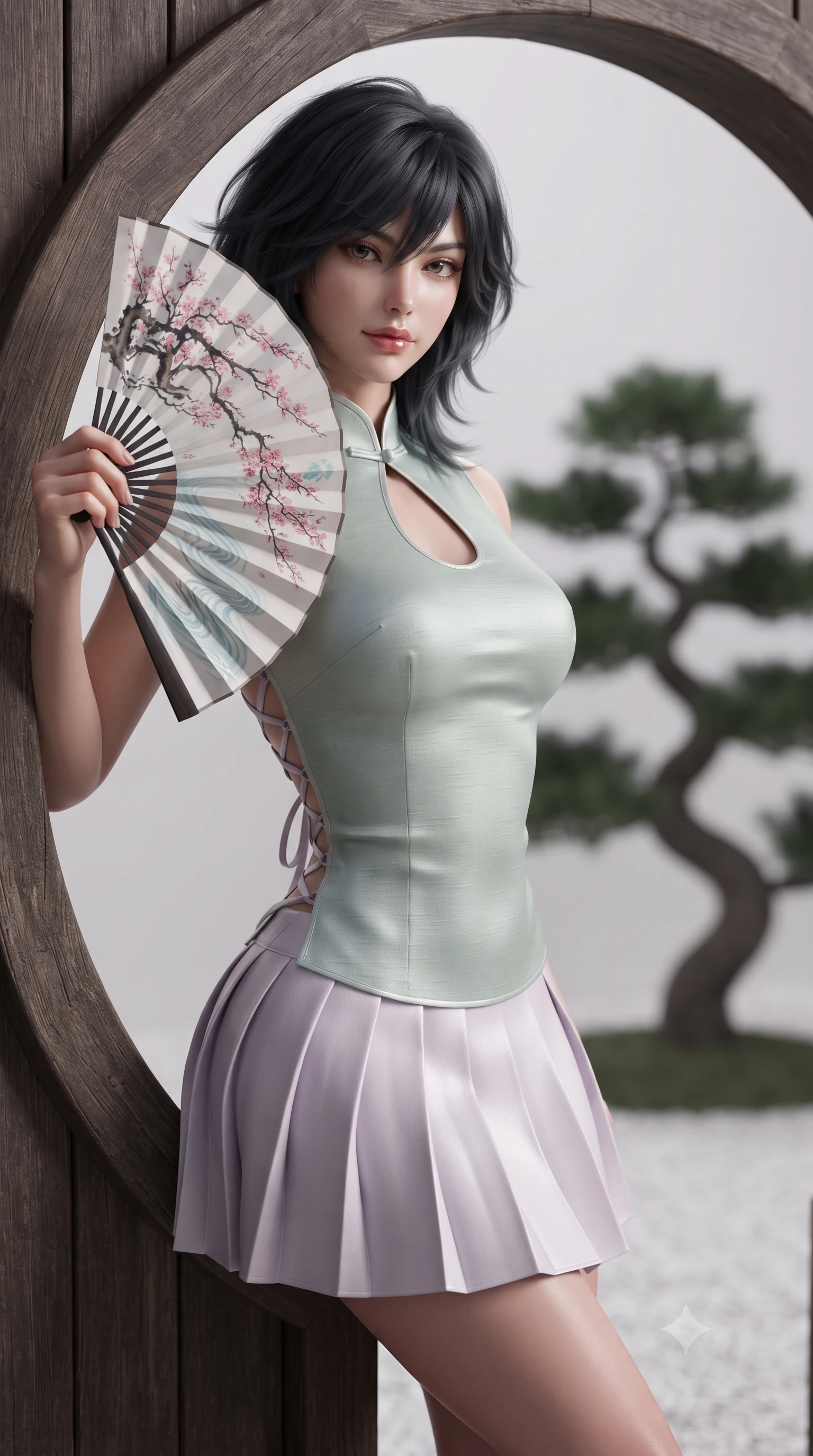 score_9, masterpiece, best quality, ultra-detailed, high-budget anime keyframe, editorial fashion photography, tasteful artistic composition, Caucasian woman. close-up cowboy shot from the waist and thighs up, the character dominates the composition, filling the frame with her large presence. playfully unfurling a painted silk fan toward the lens, her radiant smile capturing fresh girlhood charm while her arched torso reveals an intoxicating hip contour while leaning against the circular timber frame with hips cocked back, looking into the lens with an enchanting, tranquil bedroom-gaze. The background shows a soft-focus a single sculpted Japanese black pine silhouette softened in contemplative minimalist Zen shallow focus. She has an exceptionally elegant, slender, and willowy female figure with an ultra-slim waist, flat toned midriff, narrow ribcage, and sculpted feminine hips creating an alluring, slim hourglass silhouette without bulk. sharp v-shaped jawline, high-bridge nose, intricate jewel-like dark sparkling almond eyes with depth, thick lashes, glossy parted lips with a natural rose-plum sheen, bright alluring and coquettish smile with bedroom-eyes, exuding both timeless oriental elegance and sovereign high-fashion allure, flawlessly proportioned anatomical accuracy, strict slender model proportions, natural body alignment, perfectly sculpted long slender limbs, ultra-slim waistline, clean dynamic posture without body distortion. wearing a sleeveless modern qipao top with an elegant teardrop chest keyhole cutout paired with a curve-hugging pleated mini skirt in frosted lilac mist and pearlescent alabaster, tailored from smooth celadon raw silk with natural organic slub texture, finished with criss-cross back satin laces tracing her slender spine, the form-contouring cut accentuating her sculpted flat midriff, narrow delicate ribcage, and gracefully curvy hips with regal oriental supermodel elegance. illuminated by white gravel bounce fill and sharp crystalline platinum rim lighting sculpting her razor-sharp jawline, narrow waist, and curvy hips. ultra-reflective glossy finish, specular highlights, rich textural contrasts, high-contrast stereoscopic depth, volumetric dynamic lighting, 2k, ultra detail, master piece, 9:16 ratio