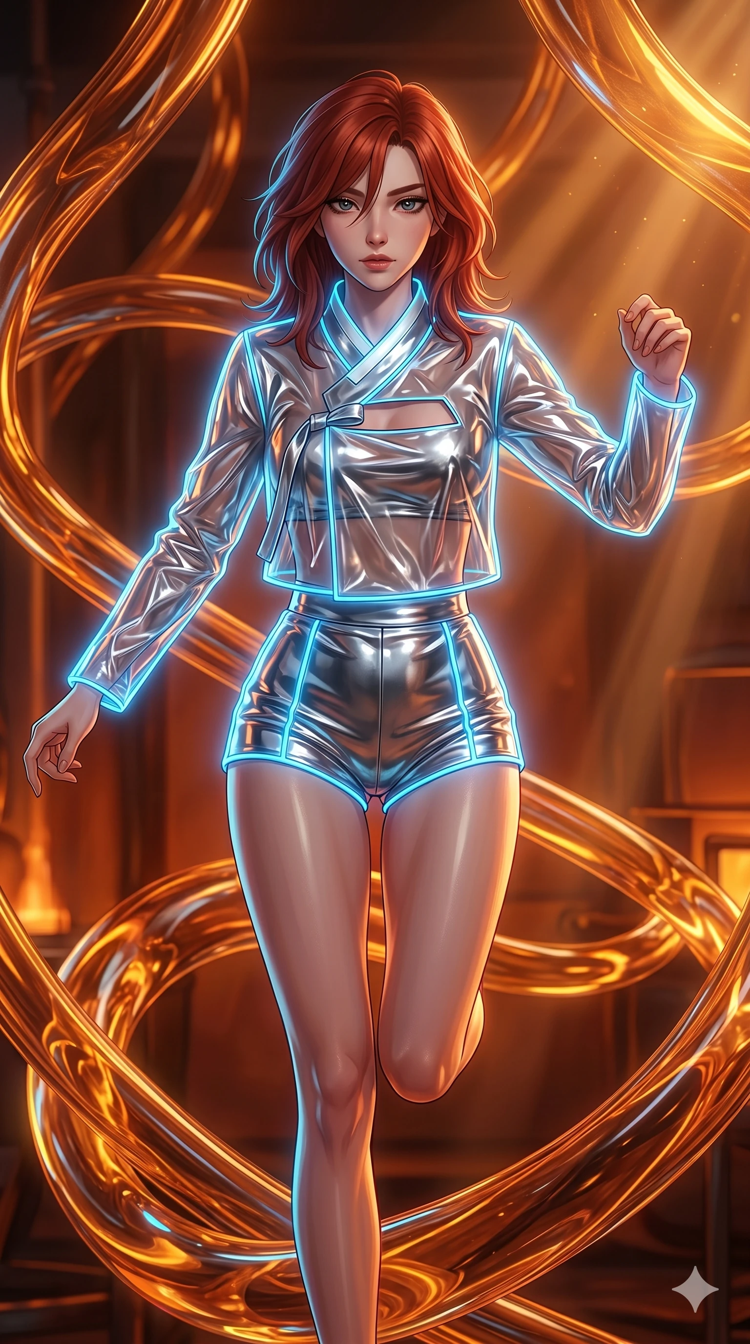 score_9, masterpiece, best quality, ultra-detailed, high-budget anime keyframe, Japanese woman. upper body close-up from the thighs up, character filling the screen for maximum presence. bounding through a molten glass art studio where twisting, glowing amber glass tubes rotate like fluid rivers in a heated environment. She has an absolutely perfect 8-heads proportion, an exceptionally tall and slender female figure with impossibly long slender legs and an ultra-slim waist. V-shaped jawline, high-bridge nose, intricate jewel-like eyes with depth, thick eyelashes, glossy lips with a natural sheen.. wearing a vinyl liquid mercury fusion hanbok, featuring a translucent chrome-silver vinyl jeogori and high-waist micro-shorts, detailed with glowing neon wire trims and a tasteful chest slit. bathed in brilliant cinematic volumetric lighting and intense neon rim light highlighting her slender form. 2k, ultra detail, master piece, 9:16 ratio