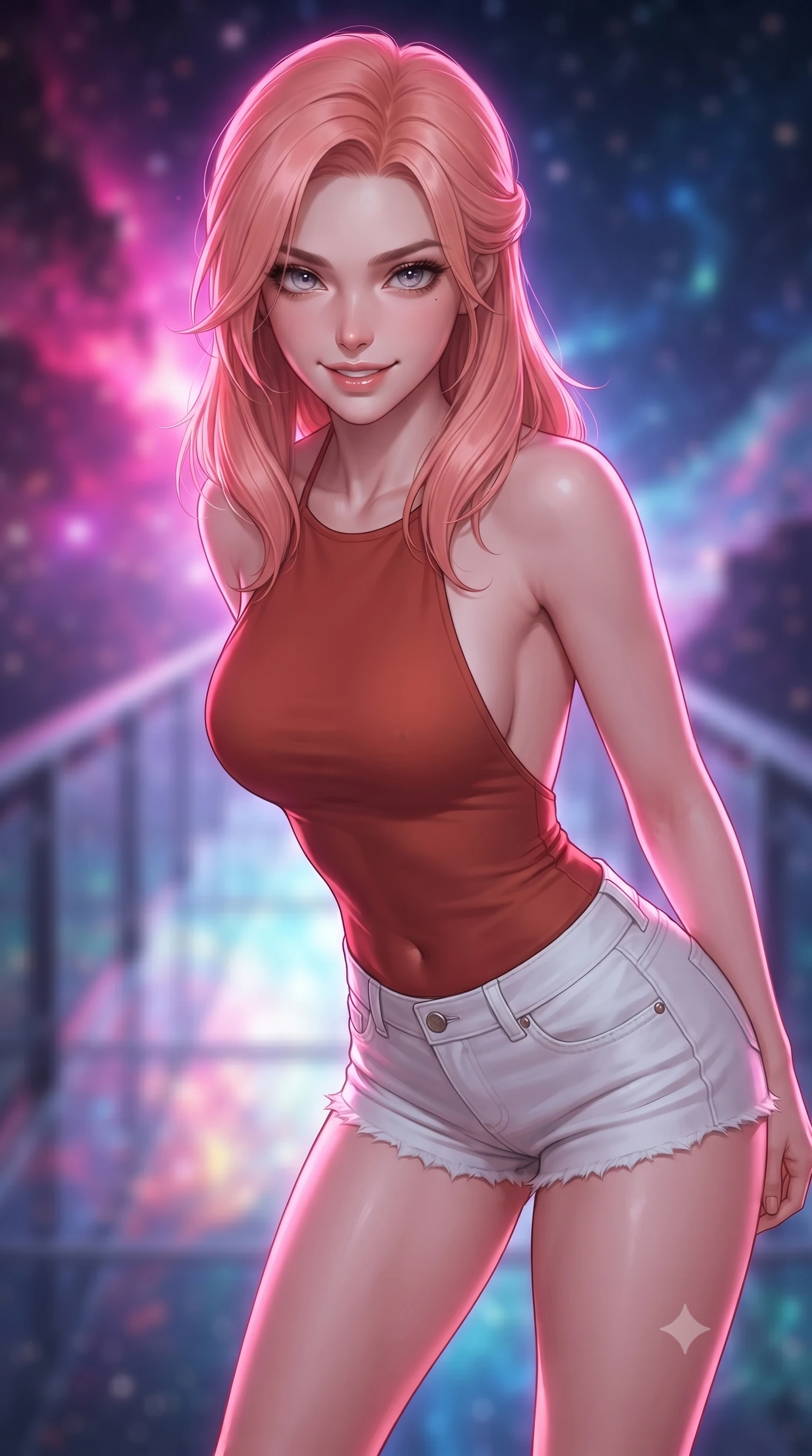 score_9, masterpiece, best quality, ultra-detailed, high-budget anime keyframe, editorial fashion photography, tasteful artistic composition, Japanese woman. close-up cowboy shot from the waist and thighs up, the character dominates the composition, filling the frame with her large presence, background elements kept in soft focus. leaning slightly forward with a playful, teasing smile, her gaze locked onto the viewer the background shows a soft-focus an ethereal glass bridge spanning over a glowing nebular rift. She has an exceptionally elegant, slender, and willowy female figure with an ultra-slim waist, a gracefully sculpted slender torso, and a refined silhouette. sharp v-shaped jawline, high-bridge nose, intricate jewel-like eyes with depth, thick eyelashes, glossy lips with a natural sheen. wearing a body-hugging backless halter top in terracotta red, paired with white denim micro-shorts. vivid magenta and indigo cosmic light wrapping her in a dramatic backlight. ultra-reflective glossy finish, specular highlights, metallic sheen, high-contrast stereoscopic depth, volumetric dynamic lighting, 2k, ultra detail, master piece, 9:16 ratio