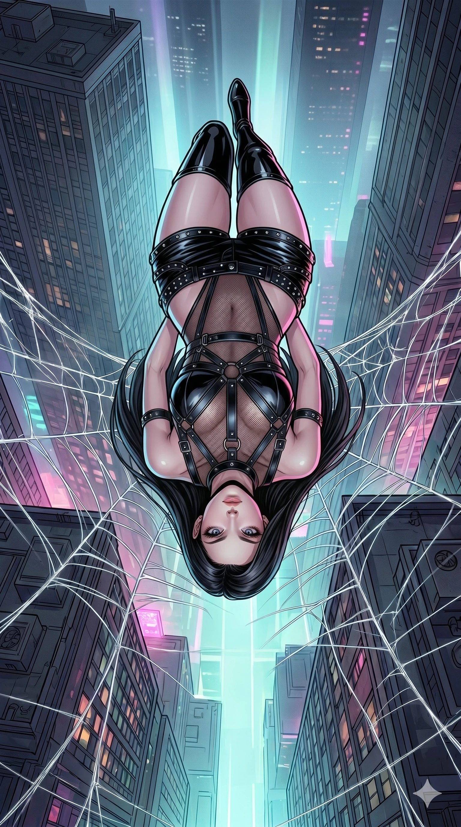 score_9, masterpiece, best quality, ultra-detailed, high-budget anime movie keyframe, cinematic anime lighting, intricate line art, Caucasian (strictly human ears) woman. Extreme high angle shot as she leaps towards the camera, filling the frame. weaving a web of silver threads between two skyscrapers. She has an absolutely perfect 8-heads proportion, an exceptionally tall and slender female figure with an ultra-slim waist and impossibly long slender legs. strictly human anatomy, two legs only, no extra limbs, clearly defined legs and arms, perfect anatomy, perfect hands and fingers. sharp v-shaped jawline, high-bridge nose, intricate jewel-like eyes, thick eyelashes, glossy lips. Wearing K-Idol Stage: Leather harness over mesh, high-cut bodysuit, studded micro-shorts, and thigh-high patent boots. The scene is illuminated by dramatic atmospheric lighting and vibrant color palettes. , 2k, ultra detail, master piece, 9:16 ratio