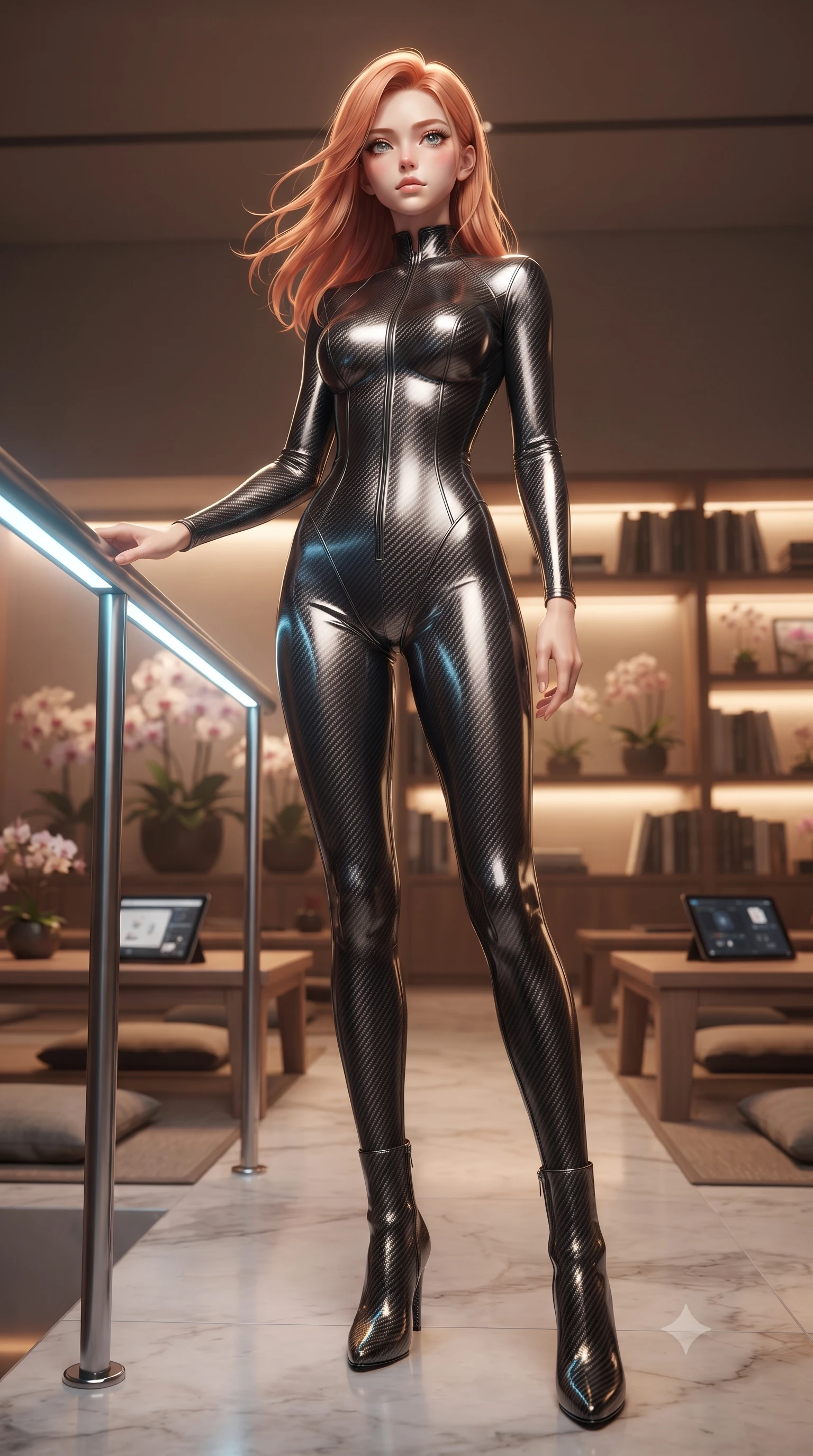 score_9, masterpiece, best quality, ultra-detailed, high-budget anime keyframe, editorial fashion photography, tasteful artistic composition, Japanese woman. low angle full-body shot from head to toe showing her feet, filling the entire 9:16 vertical frame with her statuesque presence, stretching her vertical silhouette. standing in a tall, confident posture with one hand on a glowing metal railing, stretching her statuesque body, the background shows a soft-focus an orchid vault library with low wooden tables, cushions, and technical tablets. She has an absolutely perfect, statuesque 8.5-heads proportion, an exceptionally tall and slender model-like female figure with impossibly long slender legs and an ultra-slim waist. sharp v-shaped jawline, high-bridge nose, intricate jewel-like eyes with depth, thick eyelashes, glossy lips with a natural sheen. wearing a form-contouring skin-tight carbon-fiber pattern pilot bodysuit with a high-gloss finish, tracing every contour of her slender silhouette. soft warm reading lights creating a quiet, focused, and meditative mood. ultra-reflective glossy finish, specular highlights, metallic sheen, high-contrast stereoscopic depth, volumetric dynamic lighting, 2k, ultra detail, master piece, 9:16 ratio