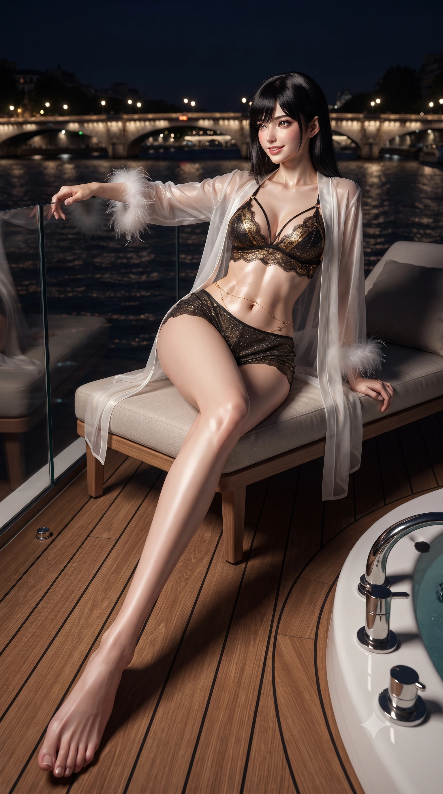 score_9, masterpiece, best quality, ultra-detailed, high-budget anime keyframe, editorial fashion photography, tasteful artistic composition, Caucasian woman. low angle full-body shot from head to toe showing her feet, filling the entire 9:16 vertical frame with her statuesque presence, stretching her vertical silhouette. reclining gracefully across the plush chaise lounge with one leg extended, her sculpted silhouette and flat midriff radiating magnetic nocturnal glamour while leaning against the frameless glass balustrade with hips cocked back, looking out over illuminated Seine bridges with smoldering eyes. The surrounding environment is rendered in vivid detail and crisp panoramic clarity: sharp teak boardwalk grain, clear glass balustrade edge bevels, and stainless steel jacuzzi fittings in deep focus. She has an exceptionally tall and slender model-like 8.5-heads proportion, an ultra-slim waist, a flat toned midriff, narrow delicate ribcage, and beautifully sculpted feminine hips creating a graceful, slim hourglass silhouette without any bulky heaviness, with impossibly long slender legs. sharp v-shaped jawline, high-bridge nose, intricate jewel-like sparkling eyes with depth, thick eyelashes, glossy parted lips with a natural peach sheen, bright cheerful beaming smile with an enchanting and coquettish sensual glint, exuding both youthful cute charm and seductive allure, flawlessly proportioned anatomical accuracy, strict slender model proportions, natural body alignment, perfectly sculpted long slender limbs, ultra-slim waistline, clean dynamic posture without body distortion. wearing a delicate translucent silk boudoir robe with feather-trimmed cuffs worn open over a strappy lace bralette and micro-shorts in Cheongdam modern noir black and molten gold, woven from stretch metallic lurex jersey casting radiant starlight glints across her curves, accented with a dainty gold belly chain resting across her flat midriff and curving hips, the second-skin tailored fabric adhering flawlessly to her sculpted flat midriff and slender torso, emphasizing her long leg lines and perfectly proportioned willowy build. illuminated by water surface reflection bounce and sharp silver-gold rim lights sculpting her dewy collarbones, ultra-slim waist, and curvy hips. ultra-reflective glossy finish, specular highlights, rich textural contrasts, high-contrast stereoscopic depth, volumetric dynamic lighting, 2k, ultra detail, master piece, 9:16 ratio