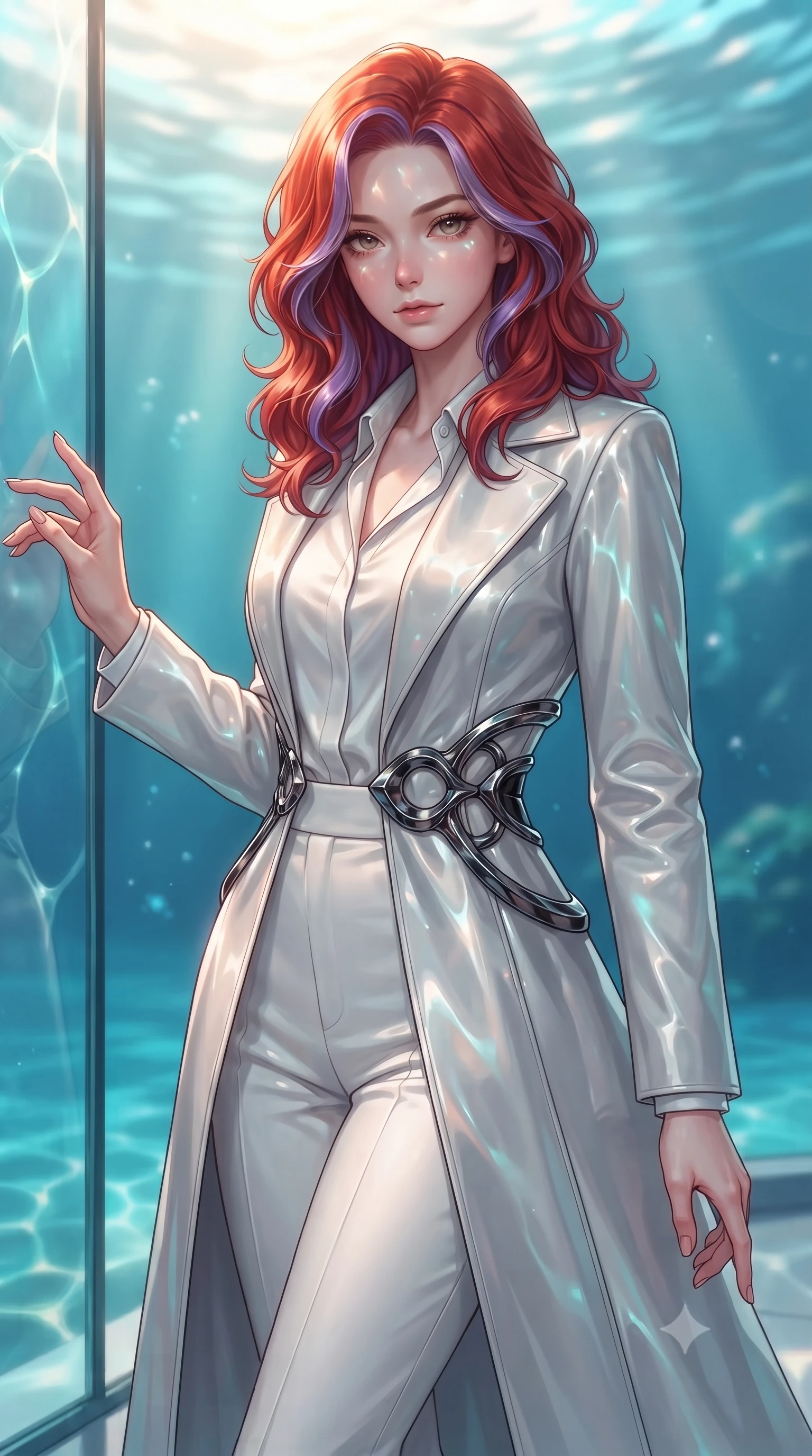 score_9, masterpiece, best quality, ultra-detailed, high-budget anime keyframe, editorial fashion photography, tasteful artistic composition, Caucasian woman. close-up cowboy shot from the waist and thighs up, the character dominates the composition, filling the frame with her large presence, background elements kept in soft focus. Reaching one hand toward the viewer with relaxed sensual elegance, resting near a glass bay wall as gentle ocean waves cast dynamic caustic patterns, breathtaking luxury underwater aesthetic with divine allure. She has an exceptionally elegant, slender, and willowy female figure with an ultra-slim waist, a gracefully sculpted slender torso, and a refined silhouette. sharp v-shaped jawline, high-bridge nose, intricate jewel-like eyes with depth, thick eyelashes, glossy lips with a natural sheen. wearing structured platinum leather long coat over white silk blouse and tailored slacks in pearl white, made of high-gloss liquid vinyl, accented with sculpted obsidian chrome rings at the waist, contouring every curve with an exceptionally elegant silhouette. bathed in shimmering aqua reflections and warm top sunlight. highly saturated vibrant anime colors, detailed shading with soft gradients, rich glossy textures, high-contrast stereoscopic depth, volumetric dynamic lighting, master piece, 9:16 ratio