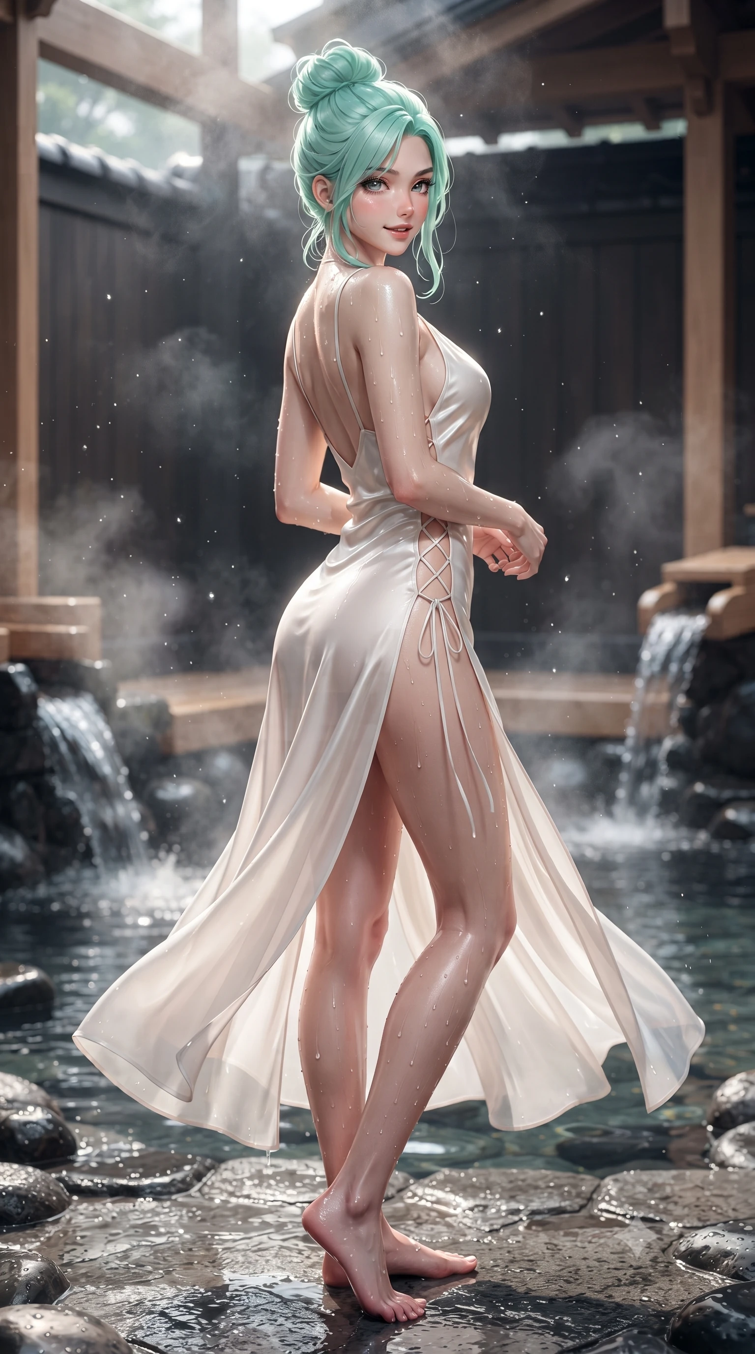 score_9, masterpiece, best quality, ultra-detailed, high-budget anime keyframe, editorial fashion photography, tasteful artistic composition, Japanese woman. low angle full-body shot from head to toe showing her feet, filling the entire 9:16 vertical frame with her statuesque presence, stretching her vertical silhouette. executing a slow, graceful pivot turn as her skirt sways around her slender legs, glancing back with an enchanting, teasing sensual expression while standing poised on the wet river stone deck at the water's edge, water glistening on her legs as she glances back with a flirtatious half-smile. The surrounding environment is rendered in vivid detail and crisp panoramic clarity: sharp Hinoki wood grain, polished black river stone texture, and glistening water droplets on toned skin in deep focus. She has an absolutely perfect, statuesque 8.5-heads proportion, an exceptionally tall and slender model-like female figure with impossibly long slender legs, an ultra-slim waist, a flat toned midriff, narrow delicate ribcage, and beautifully sculpted feminine hips creating a graceful, slim hourglass silhouette without any bulky heaviness. sharp v-shaped jawline, high-bridge nose, sparkling eyes with hypnotic seductive depth, thick curled eyelashes, glossy parted lips with a natural dewy peach sheen, alluring bedroom-eyes with an enchanting coquettish smile, exuding magnetic siren charisma and sophisticated glamour, flawlessly proportioned anatomical accuracy, strict slender model proportions, natural body alignment, perfectly sculpted long slender limbs, ultra-slim waistline, clean dynamic posture without body distortion. wearing a plunging cowl-neck liquid silk satin slip gown with daring hip-high double slits and delicate back ties in pure pearl alabaster with platinum sheen, made of sheer gossamer chiffon that drapes softly against skin with airy translucence, featuring fine criss-cross lace-up side ties revealing tantalizing glimpses of her hip curve, the form-contouring silhouette accentuating her sculpted flat midriff, narrow delicate ribcage, and gracefully curvy hips with intoxicating allure. illuminated by hot water steam scatter and sharp silvery rim lights sculpting her jawline, narrow waist, and voluptuous hip curves. ultra-reflective glossy finish, specular highlights, rich textural contrasts, high-contrast stereoscopic depth, volumetric dynamic lighting, 2k, ultra detail, master piece, 9:16 ratio