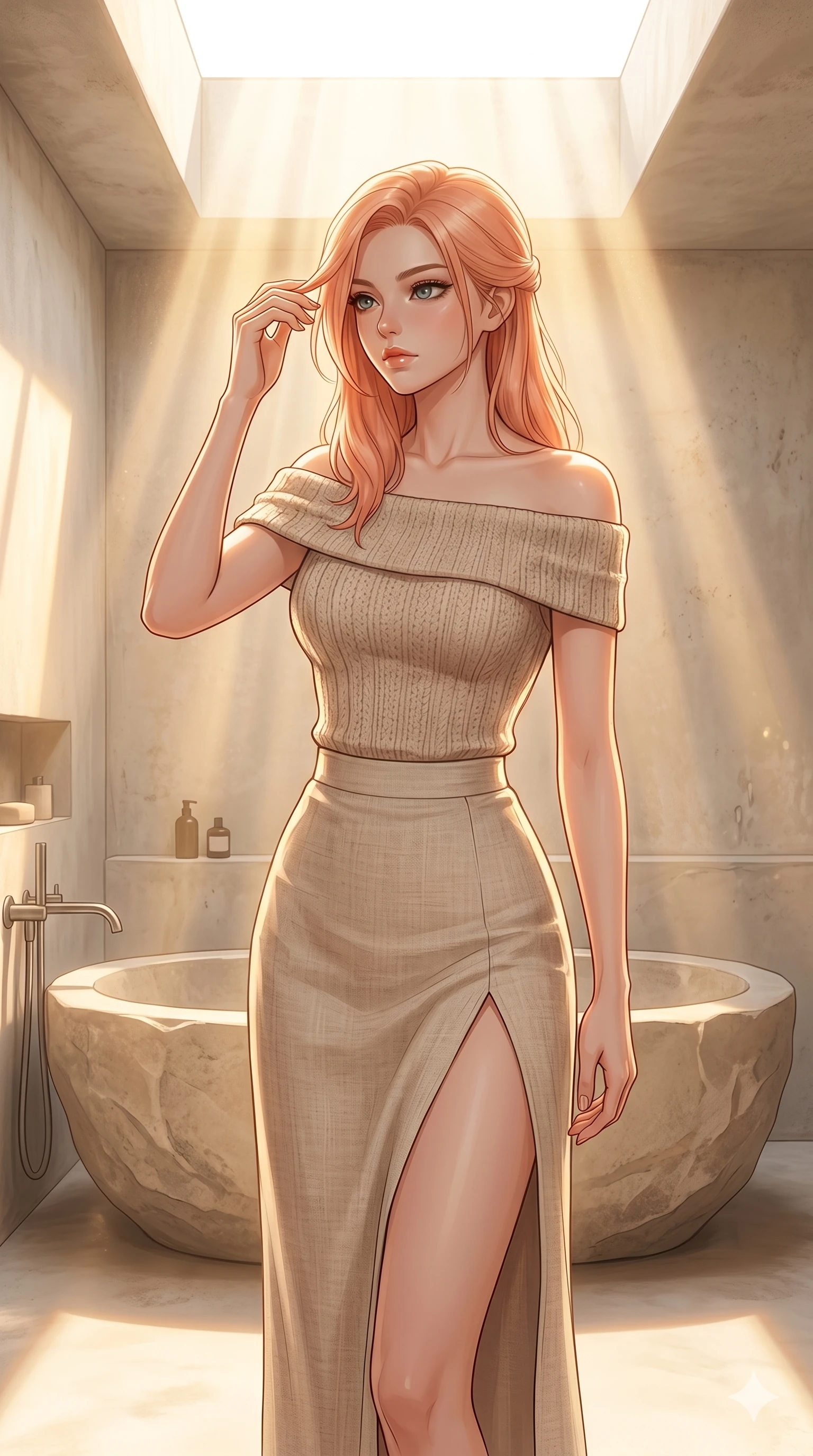 score_9, masterpiece, best quality, ultra-detailed, high-budget anime keyframe, editorial fashion photography, tasteful artistic composition, Japanese woman. cowboy shot from the thighs up, character and outfit filling the frame for maximum editorial presence. wiping a lock of hair from her forehead, her expression cool and contemplative as she turns her head inside a sun-washed minimalist bathroom with a large stone tub and warm sunbeams filtering through skylight (Code-P119). She has an absolutely perfect 8-heads proportion, an exceptionally tall and slender female figure with impossibly long slender legs and an ultra-slim waist. V-shaped jawline, high-bridge nose, intricate jewel-like eyes with depth, thick eyelashes, glossy lips with a natural sheen. wearing a beige off-shoulder top showing her elegant clavicle lines, and a split linen skirt. bathed in soft morning sunbeams flowing into the room, creating a bright, glowing atmosphere. 2k, ultra detail, master piece, 9:16 ratio