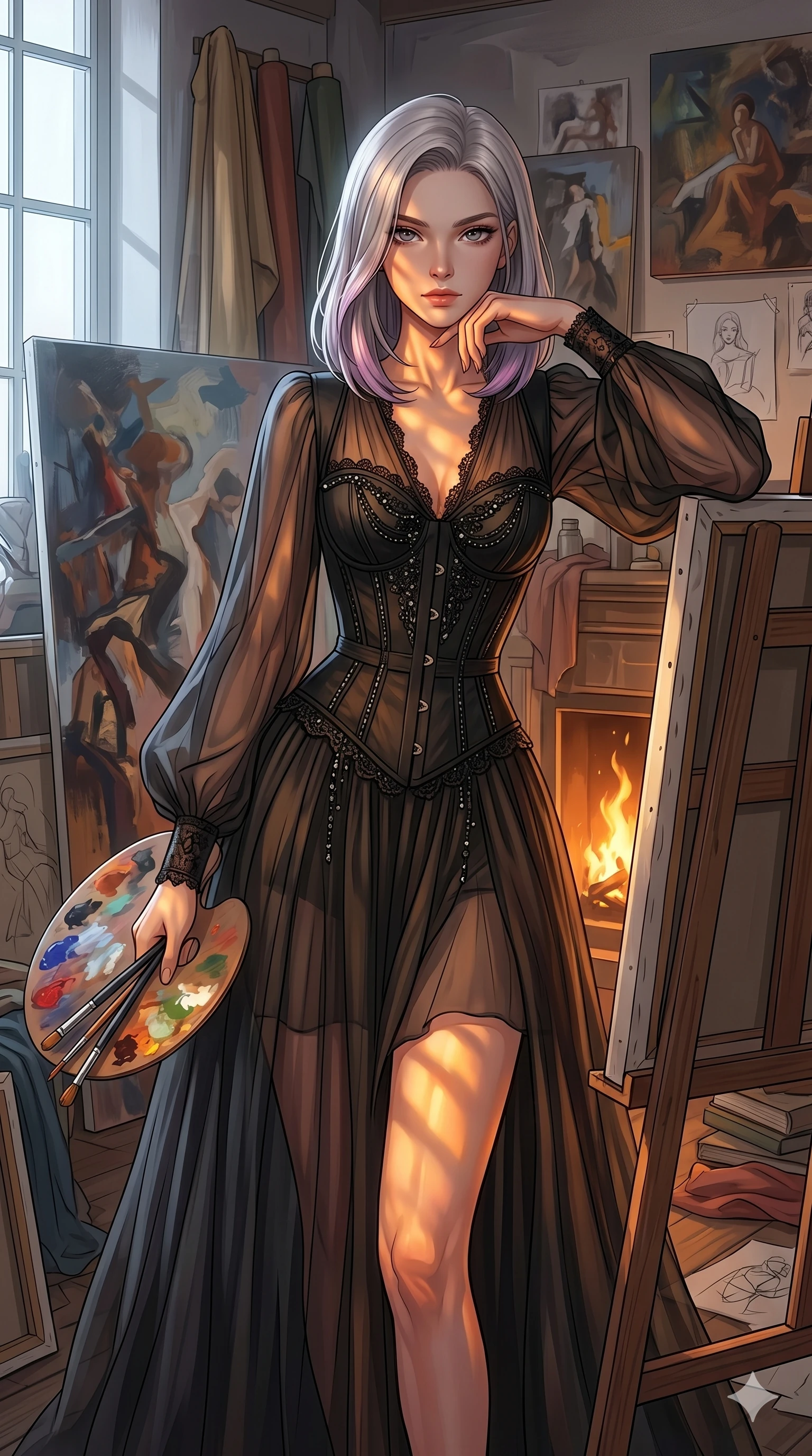 score_9, masterpiece, best quality, ultra-detailed, high-budget anime keyframe, editorial fashion photography, tasteful artistic composition, Caucasian woman, strictly human ears. cowboy shot from the thighs up, character and outfit filling the frame for maximum editorial presence. resting her chin on her hand, looking directly at the camera with a confident gaze inside an art studio with oil canvases (Code-P17-160). She has an absolutely perfect 8-heads proportion, an exceptionally tall and slender female figure with impossibly long slender legs and an ultra-slim waist. V-shaped jawline, high-bridge nose, intricate jewel-like eyes with depth, thick eyelashes, glossy lips with a natural sheen. wearing a sheer chiffon dress with a black corset bodice. warm amber firelight casting dancing shadows and a soft golden glow over her features. 2k, ultra detail, master piece, 9:16 ratio