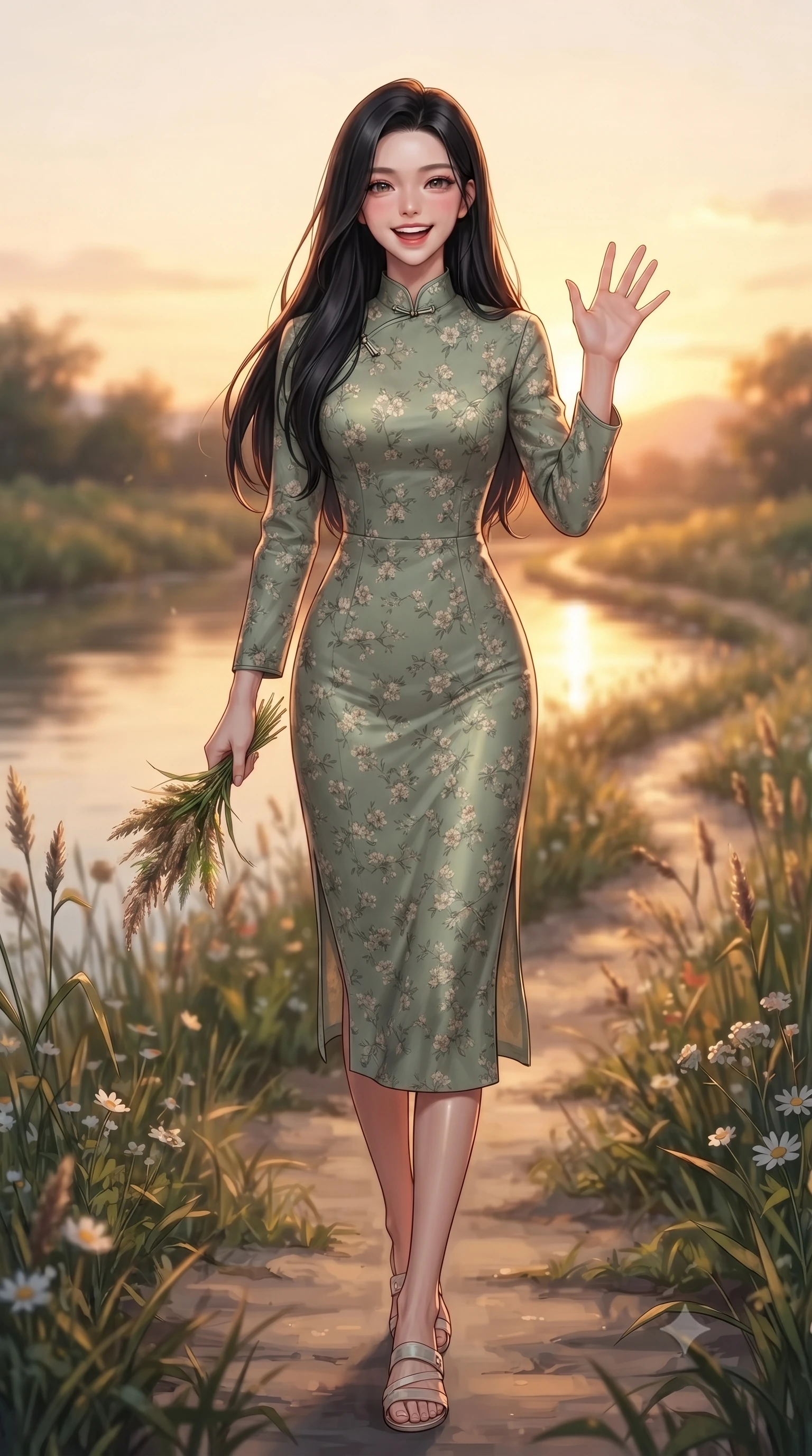 score_9, masterpiece, best quality, ultra-detailed, high-budget anime keyframe, editorial fashion photography, tasteful artistic composition, Korean woman. low angle full-body shot from head to toe showing her feet, filling the entire 9:16 vertical frame with her statuesque presence, stretching her vertical silhouette. stepping forward with a bright, cheerful smile, waving happily at the viewer set against a soft-focus background of along a winding river path lined with reeds and wild river flowers holding a bunch of fresh river reeds with a happy, cute expression. She has an absolutely perfect, statuesque 8.5-heads proportion, an exceptionally tall and slender model-like female figure with impossibly long slender legs and an ultra-slim waist. sharp v-shaped jawline, high-bridge nose, intricate jewel-like eyes with depth, thick eyelashes, glossy lips with a natural sheen. wearing slim-fit lovely floral print midi dress in sage green, featuring a high collar and long sleeves. warm golden hour sunset light reflecting off the calm river surface. ultra-reflective glossy finish, specular highlights, metallic sheen, high-contrast stereoscopic depth, volumetric dynamic lighting, 2k, ultra detail, master piece, 9:16 ratio