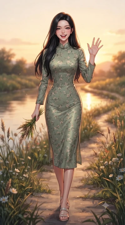 score_9, masterpiece, best quality, ultra-detailed, high-budget anime keyframe, editorial fashion photography, tasteful artistic composition, Korean woman. low angle full-body shot from head to toe showing her feet, filling the entire 9:16 vertical f