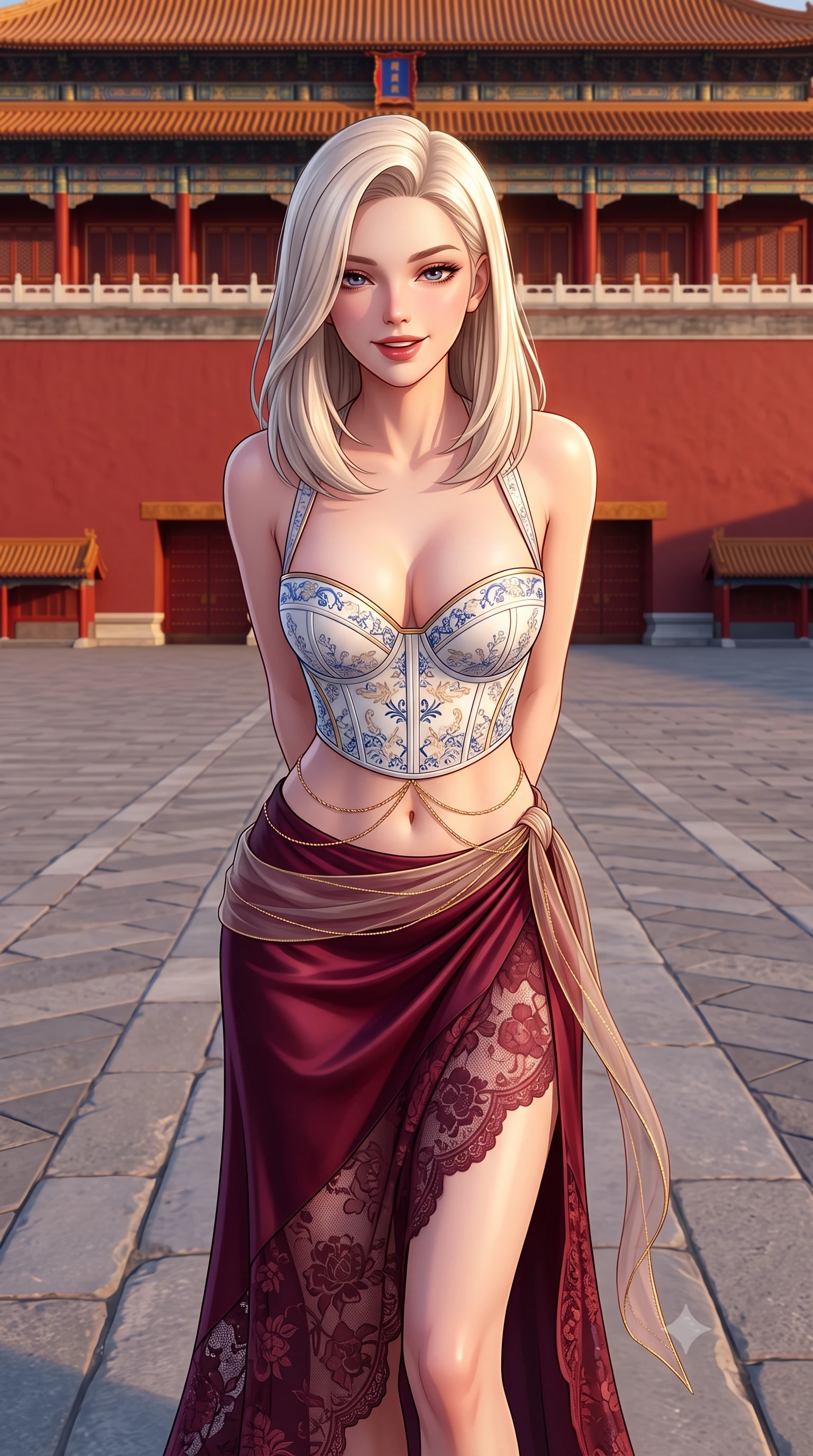 score_9, masterpiece, best quality, ultra-detailed, high-budget anime keyframe, semi-realistic 3D game render, editorial fashion photography, tasteful artistic composition, Caucasian woman. close-up cowboy shot from the waist and thighs up, the character dominates the composition, filling the frame with her large presence. resting both hands lightly behind her back while leaning toward the lens with a cheerful, teasing grin, her form-fitting fusion dress hugging her narrow waist and hip curve while standing in the center of the vast marble courtyard before monumental red palace walls, arching her back with sovereign haute-couture majesty. The surrounding environment is rendered in vivid detail and crisp panoramic clarity: detailed gold-threaded silk gown sheen, jewelry gleam, and classical Chinese imperial architecture in high resolution. She has an exceptionally elegant, slender, and willowy female figure with an ultra-slim waist, flat toned midriff, narrow ribcage, and sculpted feminine hips creating an alluring, slim hourglass silhouette without bulk. sharp v-shaped jawline, high-bridge nose, intricate jewel-like dark sparkling almond eyes with depth, thick lashes, glossy parted lips with a natural rose-plum sheen, bright alluring and coquettish smile with bedroom-eyes, exuding both timeless oriental elegance and sovereign high-fashion allure, flawlessly proportioned anatomical accuracy, strict slender model proportions, natural body alignment, perfectly sculpted long slender limbs, ultra-slim waistline, clean dynamic posture without body distortion. wearing a tailored white porcelain-inspired structured corset top paired with an asymmetric flowing silk maxi skirt with a high slit in deep wine burgundy and brushed antique gold, woven from delicate semi-opaque floral lace with oriental peony patterns, accented with a delicate gold body chain draping loosely across her flat midriff, the glove-like silhouette tightly following the natural contour of her hips and long slender legs with youthful 8.5-heads elegance. bathed in dramatic twilight golden hour light streaming horizontally across the vast marble plaza. highly saturated vibrant anime colors, detailed shading with soft gradients, rich glossy textures, high-contrast stereoscopic depth, volumetric dynamic lighting, master piece, 9:16 ratio