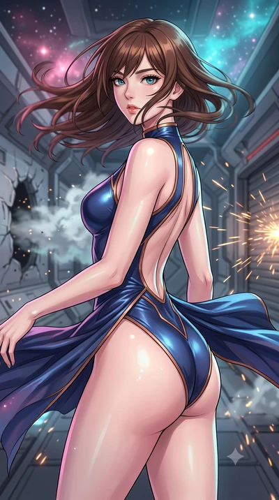 score_9, masterpiece, best quality, ultra-detailed, high-budget anime keyframe, clean line-art, cel-shading, Korean woman. close-up cowboy shot from the waist and thighs up, the character dominates the composition, filling the frame with her large pr