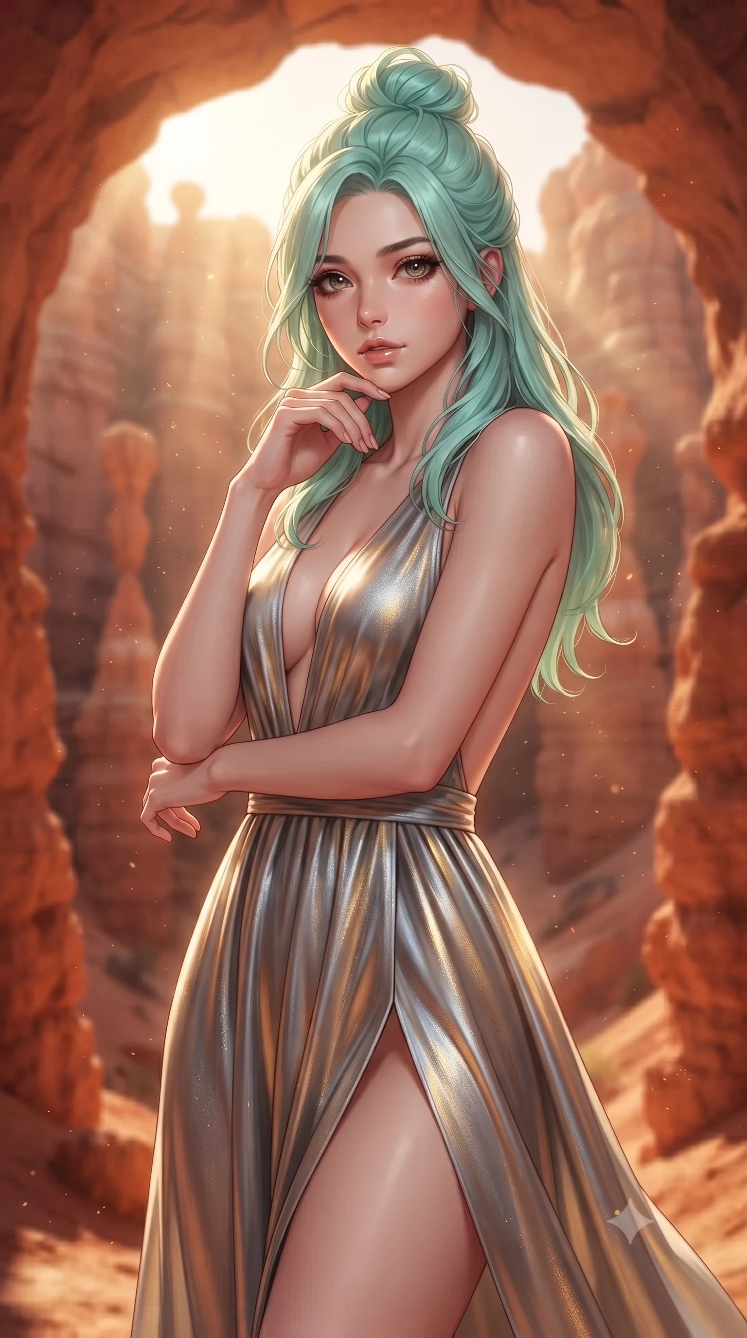 score_9, masterpiece, best quality, ultra-detailed, high-budget anime keyframe, editorial fashion photography, tasteful artistic composition, Japanese woman. close-up cowboy shot from the waist and thighs up, the character dominates the composition, filling the frame with her large presence, background elements kept in soft focus. Resting her chin on the backs of her fingers in a confident pose. set against a soft-focus background of a natural amphitheater carved by millennia of wind erosion into red sandstone with impossible arches hoodoos and natural columns in warm terracotta colors the formations creating an acoustically perfect circular space. She has an exceptionally elegant and slender, willowy female figure with an ultra-slim waist, a gracefully sculpted slender torso, and a refined slim physique. sharp v-shaped jawline, high-bridge nose, intricate jewel-like eyes with depth, thick eyelashes, glossy lips with a natural sheen. wearing a deep plunging-V neck maxi dress in a liquid silver and gold gradient, featuring a bold open-back and a daring high slit. golden hour sunlight streaming in warm shafts with floating dust particles catching the light. 2k, ultra detail, master piece, 9:16 ratio