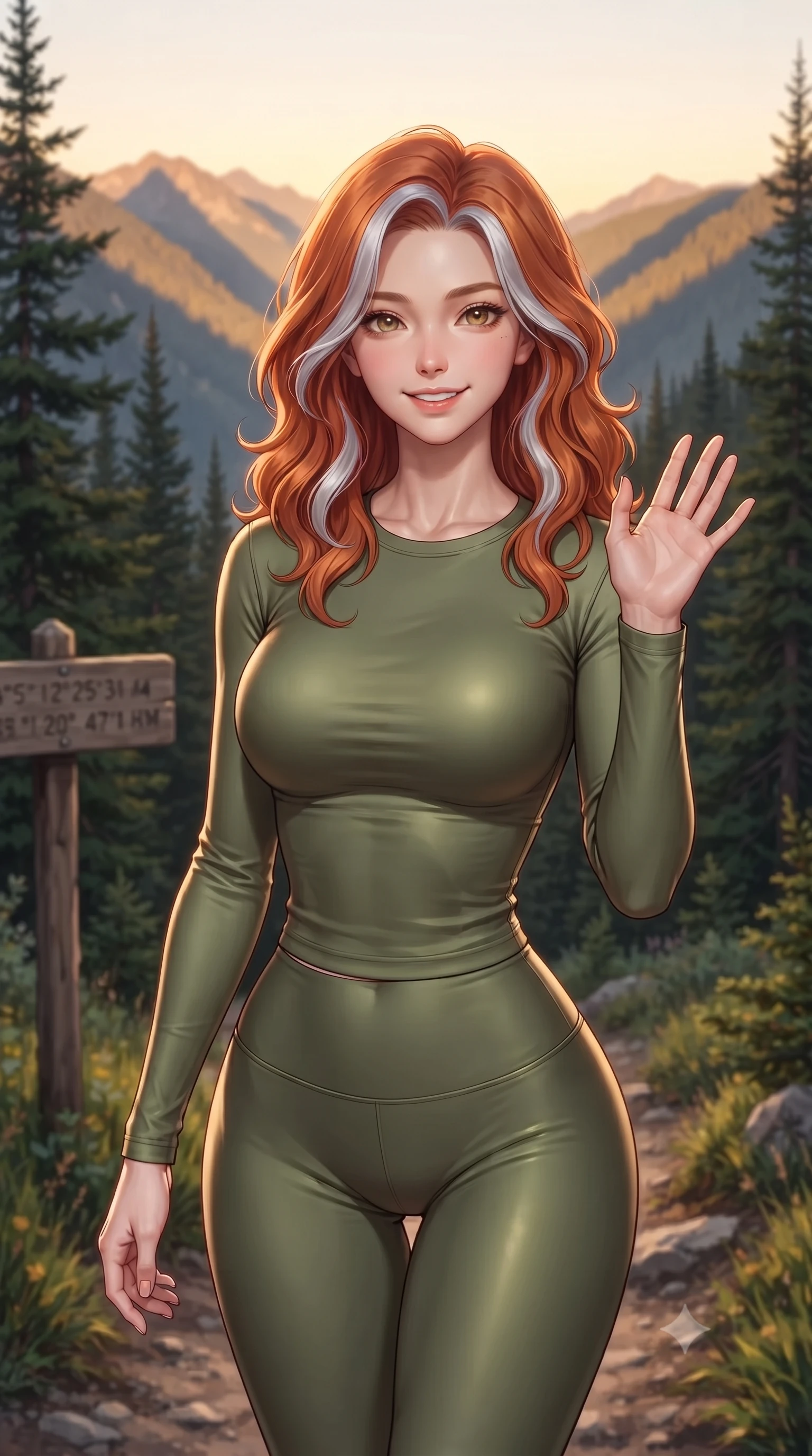 score_9, masterpiece, best quality, ultra-detailed, high-budget anime keyframe, editorial fashion photography, tasteful artistic composition, Caucasian woman. close-up cowboy shot from the waist and thighs up, the character dominates the composition, filling the frame with her large presence, background elements kept in soft focus. flashing a sweet, beaming smile while waving one hand gently toward the camera set against a soft-focus background of along a scenic hiking trail winding through a pine forest with mountain views with a wooden trail marker sign showing coordinates behind her. She has an exceptionally elegant, slender, and willowy female figure with an ultra-slim waist, a gracefully sculpted slender torso, and a refined silhouette. sharp v-shaped jawline, high-bridge nose, intricate jewel-like eyes with depth, thick eyelashes, glossy lips with a natural sheen. wearing form-contouring tight-fitting athletic long-sleeve top in olive green, paired with form-contouring leggings. golden hour sunset light casting long shadows of mountain peaks across the slope. ultra-reflective glossy finish, specular highlights, metallic sheen, high-contrast stereoscopic depth, volumetric dynamic lighting, 2k, ultra detail, master piece, 9:16 ratio