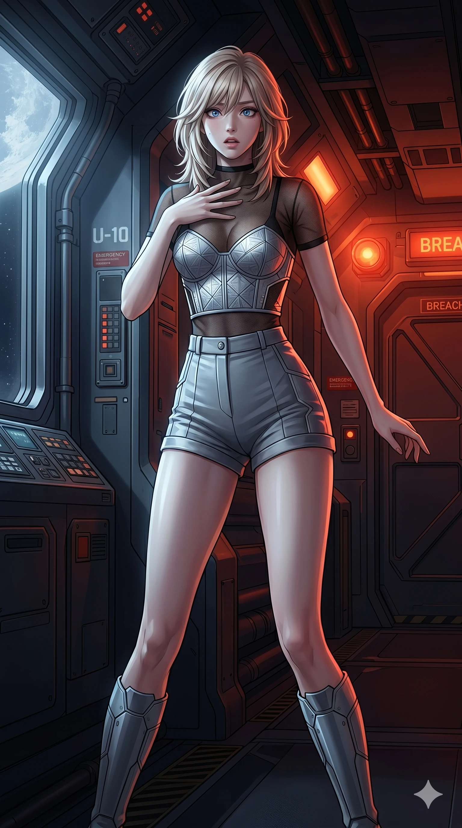 score_9, masterpiece, best quality, ultra-detailed, high-budget anime keyframe, editorial fashion photography, tasteful artistic composition, Japanese woman. cowboy shot from the thighs up, character and outfit filling the frame for maximum editorial presence. flinching back slightly, her hand raised to her collarbone in a gesture of sudden alarm in an orbital station corridor as a sudden hull breach alarm blares out (Scenario Code U-10). She has an absolutely perfect 8-heads proportion, an exceptionally tall and slender female figure with impossibly long slender legs and an ultra-slim waist. V-shaped jawline, high-bridge nose, intricate jewel-like eyes with depth, thick eyelashes, glossy lips with a natural sheen. wearing a sheer mesh crop top over a structured silver bustier with geometric side panels. bathed in cold silver moonlight that contrasts with the warm warning lights around her. 2k, ultra detail, master piece, 9:16 ratio