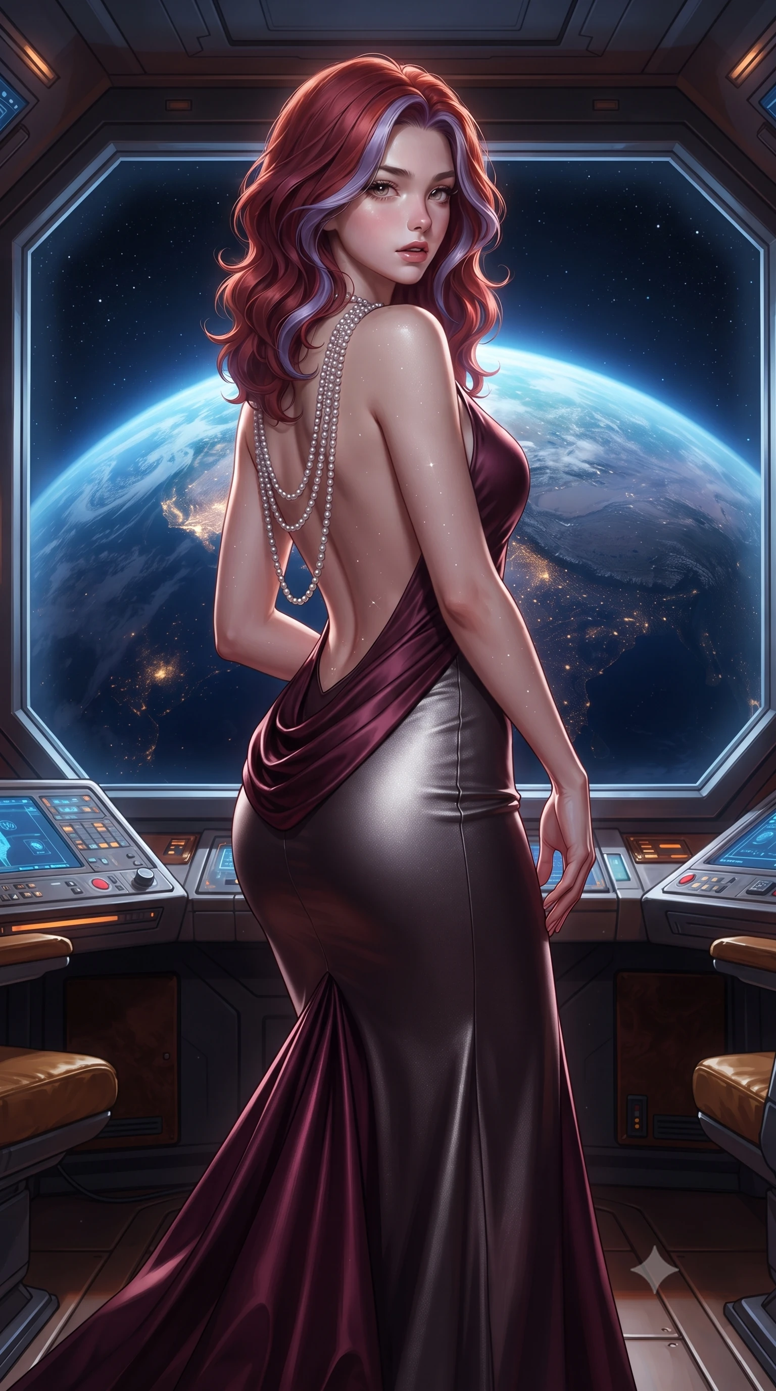 score_9, masterpiece, best quality, ultra-detailed, high-budget anime keyframe, editorial fashion photography, tasteful artistic composition, Caucasian woman. close-up cowboy shot from the waist and thighs up, the character dominates the composition, filling the frame with her large presence. twisting her slender torso in a deep contrapposto stance, hips dramatically shifted to accentuate her feminine curves while looking past her shoulder with smoldering bedroom-eyes while standing poised against the panoramic quartz-glass viewport, turning in an elegant dancer S-curve as planetary dawn illuminates her willowy silhouette. The surrounding environment is rendered in vivid detail and crisp panoramic clarity. detailed metallic gown texture, starlight glints on skin, and Earth continental cloud swirl clarity in high resolution. She has an exceptionally elegant, slender, and willowy female figure with an ultra-slim waist, flat toned midriff, narrow ribcage, and sculpted feminine hips creating an alluring, slim hourglass silhouette without bulk. sharp v-shaped jawline, high-bridge nose, intricate jewel-like eyes with depth, thick eyelashes, glossy parted lips with a natural sheen, intensely captivating and seductive bedroom-eyes expression, flawlessly proportioned anatomical accuracy, strict slender model proportions, natural body alignment, perfectly sculpted long slender limbs, ultra-slim waistline, clean dynamic posture without body distortion. wearing an open-back duchess satin gala gown with a dramatic hip-hugging drape and cascading trailing hem in deep wine burgundy and brushed dark platinum, tailored from liquid silk jersey adhering flawlessly to her slender build, accented with a multi-strand pearl back necklace cascading down her bare spine to her hips, the second-skin form-contouring cut accentuating her sculpted flat midriff, narrow delicate ribcage, and gracefully curvy hips with supermodel precision. bathed in ethereal sapphire planet-shine from Earth contrasting with warm amber cabin reading spots. ultra-reflective glossy finish, specular highlights, rich textural contrasts, high-contrast stereoscopic depth, volumetric dynamic lighting, 2k, ultra detail, master piece, 9:16 ratio