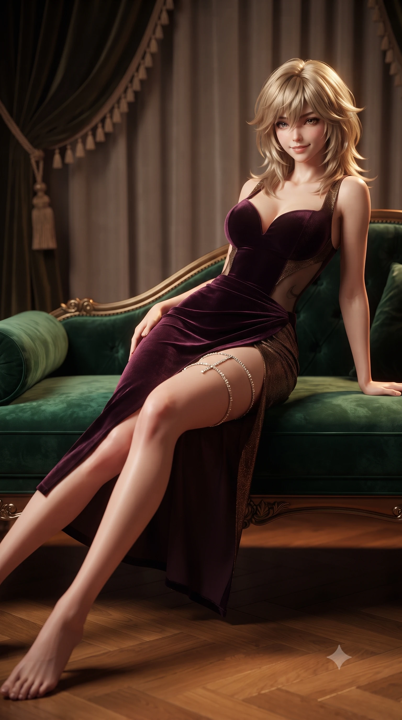 score_9, masterpiece, best quality, ultra-detailed, high-budget anime keyframe, editorial fashion photography, tasteful artistic composition, Japanese woman. low angle full-body shot from head to toe showing her feet, filling the entire 9:16 vertical frame with her statuesque presence, stretching her vertical silhouette. stepping slowly toward the camera with hypnotic grace, hips swaying in an alluring sensual rhythm that accentuates her curvy hourglass silhouette and long slender legs while lounging across an emerald velvet chaise lounge with legs crossed, arching her lower back with sovereign Parisian high-society elegance. The background shows a soft-focus heavy silk velvet drapery softened in aristocratic French boudoir shallow focus. She has an absolutely perfect, statuesque 8.5-heads proportion, an exceptionally tall and slender model-like female figure with impossibly long slender legs, an ultra-slim waist, a flat toned midriff, narrow delicate ribcage, and beautifully sculpted feminine hips creating a graceful, slim hourglass silhouette without any bulky heaviness. sharp v-shaped jawline, high-bridge nose, sparkling eyes with hypnotic seductive depth, thick curled eyelashes, glossy parted lips with a natural dewy peach sheen, alluring bedroom-eyes with an enchanting coquettish smile, exuding magnetic siren charisma and sophisticated glamour, flawlessly proportioned anatomical accuracy, strict slender model proportions, natural body alignment, perfectly sculpted long slender limbs, ultra-slim waistline, clean dynamic posture without body distortion. wearing a deep sweetheart-neckline velvet bodycon dress with sheer side-torso cutouts accentuating her hourglass curves in rich dark plum violet and gilded bronze, woven from stretch metallic lurex jersey casting radiant starlight glints across her silhouette, finished with delicate crystal-encrusted thigh garter straps glinting in the dim light, the high-slit wrap tailoring accentuating her ultra-slim waistline and the enchanting curve of her feminine hips with alluring seductive charm. illuminated by polished parquet bounce and sharp warm-gold rim lights sculpting her jawline, flat midriff, and voluptuous hip curves. ultra-reflective glossy finish, specular highlights, rich textural contrasts, high-contrast stereoscopic depth, volumetric dynamic lighting, 2k, ultra detail, master piece, 9:16 ratio