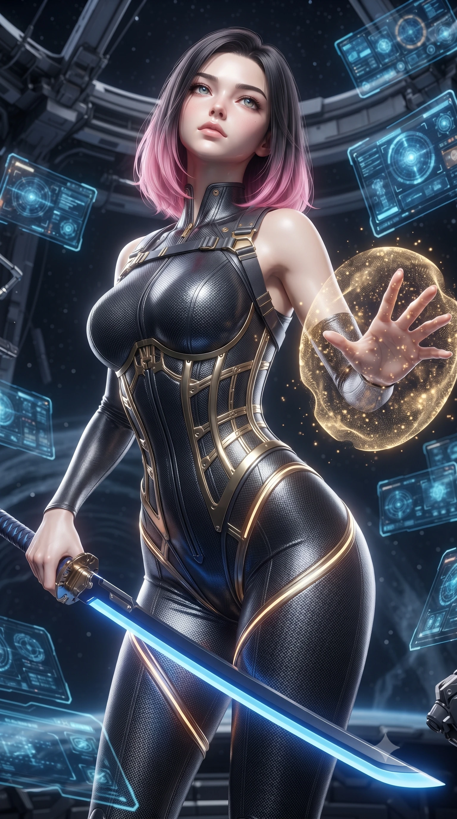 score_9, masterpiece, best quality, ultra-detailed, high-budget anime keyframe, editorial fashion photography, tasteful artistic composition, Korean woman. close-up cowboy shot from the waist and thighs up, the character dominates the composition, filling the frame with her large presence. tilting her head back with serene regal elegance, her sharp jawline and sculpted collarbones highlighted by glowing weapon energy reflections while pivoting dynamically in zero-gravity with arms outstretched as the translucent energy shields pulse with golden particle light. The surrounding environment is rendered in vivid detail and crisp panoramic clarity. intricate carbon exoskeleton joints, gravitational wave distortion ripples, and star consoles in high clarity. She has an exceptionally elegant, slender, and willowy female figure with an ultra-slim waist, a gracefully sculpted slender torso, toned flat midriff, and a refined slim silhouette. sharp v-shaped jawline, high-bridge nose, intricate jewel-like eyes with depth, thick eyelashes, glossy lips with a natural sheen, flawlessly proportioned anatomical accuracy, strict slender model proportions, natural body alignment, perfectly sculpted long slender limbs, ultra-slim waistline, clean dynamic posture without body distortion. wearing a precision-tailored high-fashion carbon-fiber corset bodysuit with gold mechanical rib boning, wielding a glowing energy katana with royal elegance in electric cobalt blue carbon with polished platinum trim, made of lightweight aerodynamic carbon-titanium alloy with polished edge bevels, reinforced by a sleek titanium tactical harness and glowing micro-energy straps, the liquid-tight tailored fabric emphasizing every curve of her tall, slender model proportions and sculptured silhouette during dynamic movement. surrounded by an awe-inspiring, supreme, and radiantly transcendent cosmic guardian goddess aura. ultra-reflective glossy finish, specular highlights, dark metallic sheen, high-contrast stereoscopic depth, volumetric dynamic lighting, 2k, ultra detail, master piece, 9:16 ratio
