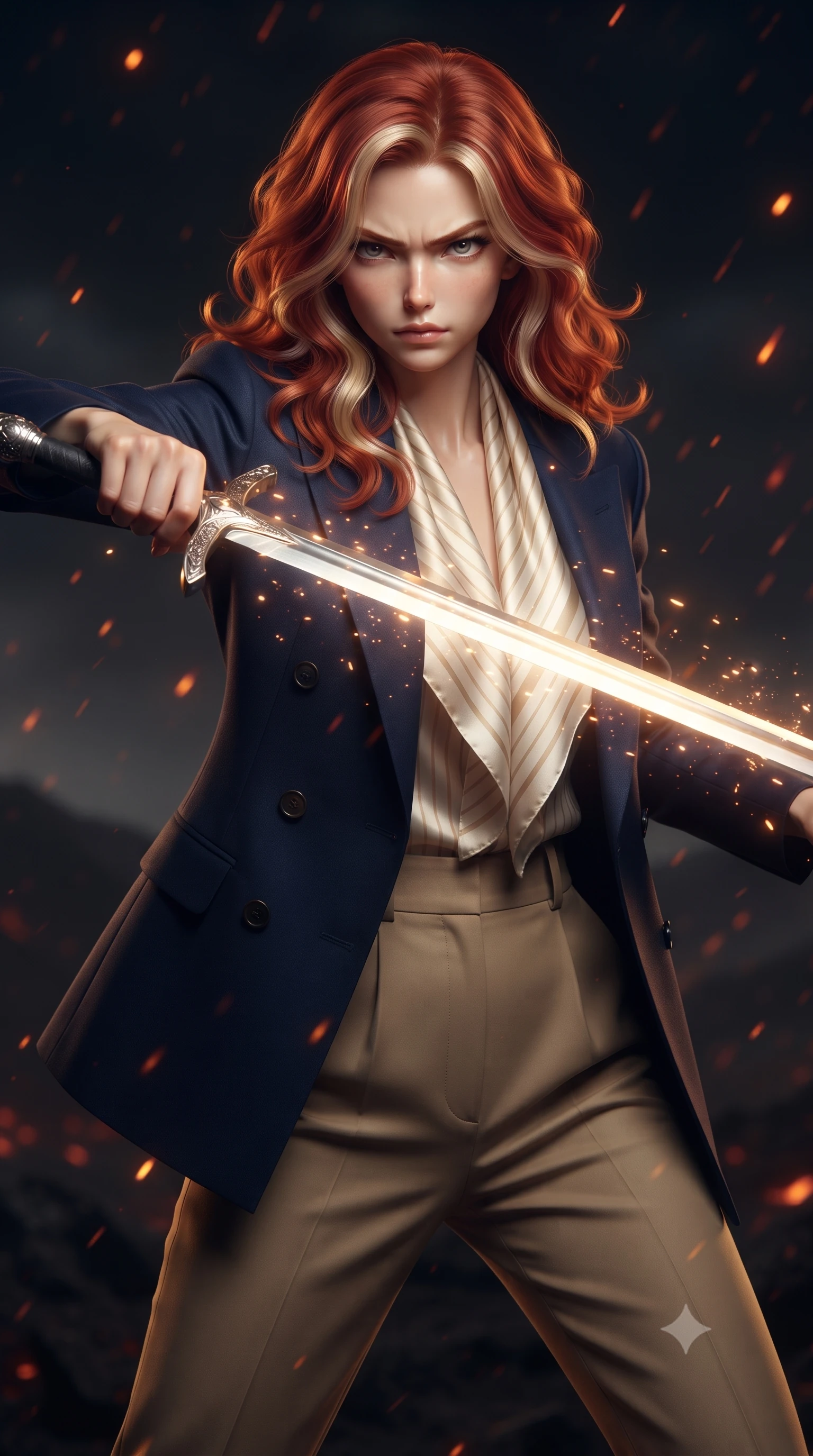 score_9, masterpiece, best quality, ultra-detailed, high-budget anime keyframe, editorial fashion photography, tasteful artistic composition, realistic cosplay photography, Caucasian woman, strictly human ears. close-up cowboy shot from the waist and thighs up, the character dominates the composition, filling the frame with her large presence, background elements kept in soft focus. Drawing a glowing sword with fierce determination and a sharp sidelong glare. set against a soft-focus background of a dark volcanic ash field, with glowing volcanic embers raining down like a slow-motion meteor shower. She has an exceptionally elegant and slender, willowy female figure with an ultra-slim waist, a gracefully sculpted slender torso, and a refined slim physique. sharp v-shaped jawline, high-bridge nose, intricate jewel-like eyes with depth, thick eyelashes, glossy lips with a natural sheen. wearing catching and diffusing the glowing particles, shimmering softly in response to the surrounding light, a tailored tailored navy double-breasted blazer over a cream striped silk scarf top and high-waisted khaki slacks. dramatic chiaroscuro with a single golden key light sculpting her silhouette. ultra-reflective glossy finish, specular highlights, metallic sheen, high-contrast stereoscopic depth, volumetric dynamic lighting, 2k, ultra detail, master piece, 9:16 ratio