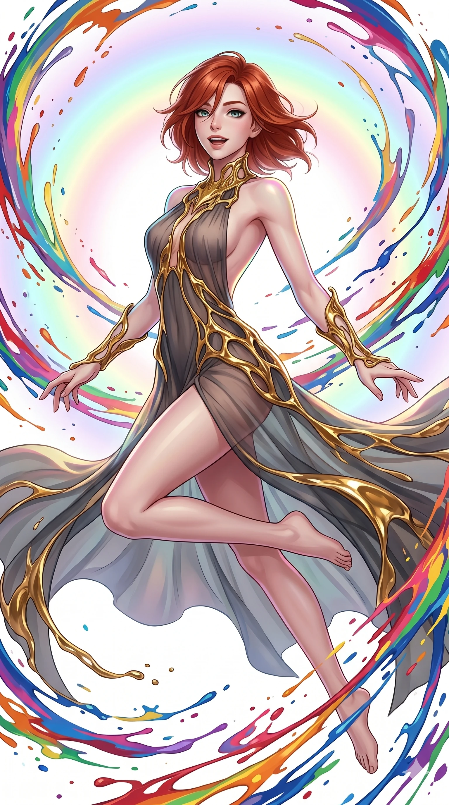 score_9, masterpiece, best quality, ultra-detailed, high-budget anime keyframe, Caucasian woman, strictly human ears. upper body close-up from the thighs up, character filling the screen for maximum presence. leaping into a vorticist paint splatter dimension where thousands of vivid acrylic paint ribbons and splatters swirl around her in a white gallery void. She has an absolutely perfect 8-heads proportion, an exceptionally tall and slender female figure with impossibly long slender legs and an ultra-slim waist. V-shaped jawline, high-bridge nose, intricate jewel-like eyes with depth, thick eyelashes, glossy lips with a natural sheen.. wearing a molten gold and chiffon gown, featuring organic liquid gold collar and cuffs on a translucent charcoal-gray halter neck chiffon gown with a deep backless design. enhanced by a luminous pastel spectrum glow, casting elegant rim lights on her shoulders and jawline. 2k, ultra detail, master piece, 9:16 ratio