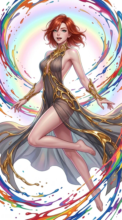 score_9, masterpiece, best quality, ultra-detailed, high-budget anime keyframe, Caucasian woman, strictly human ears. upper body close-up from the thighs up, character filling the screen for maximum presence. leaping into a vorticist paint splatter d