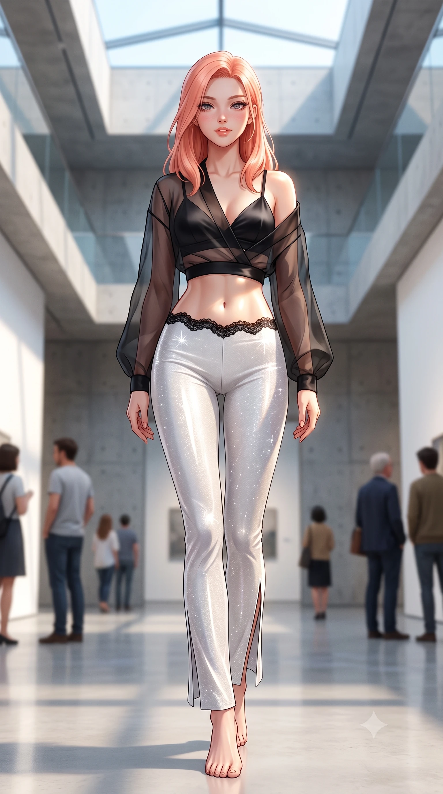 score_9, masterpiece, best quality, ultra-detailed, high-budget anime keyframe, semi-realistic 3D game render, editorial fashion photography, tasteful artistic composition, Japanese woman. low angle full-body shot from head to toe showing her feet, filling the entire 9:16 vertical frame with her statuesque presence, stretching her vertical silhouette. stepping slowly toward the camera with hypnotic grace, hips swaying in an alluring sensual rhythm that accentuates her curvy hourglass silhouette and long slender legs while twisting her slender torso in an alluring contrapposto stance, geometric sunlight beams cutting across her flat midriff and curvy hips. The background shows a soft-focus modern art visitors softened in ultra-minimalist museum shallow focus. She has an absolutely perfect, statuesque 8.5-heads proportion, an exceptionally tall and slender model-like female figure with impossibly long slender legs, an ultra-slim waist, a flat toned midriff, narrow delicate ribcage, and beautifully sculpted feminine hips creating a graceful, slim hourglass silhouette without any bulky heaviness. sharp v-shaped jawline, high-bridge nose, sparkling eyes with hypnotic seductive depth, thick curled eyelashes, glossy parted lips with a natural dewy peach sheen, alluring bedroom-eyes with an enchanting coquettish smile, exuding magnetic siren charisma and sophisticated glamour, flawlessly proportioned anatomical accuracy, strict slender model proportions, natural body alignment, perfectly sculpted long slender limbs, ultra-slim waistline, clean dynamic posture without body distortion. wearing a delicate sheer organza kimono-style architectural wrap slipping off bare shoulders over a matching satin bralette in high-contrast minimalist monochrome black and pure alabaster white, woven from stretch metallic lurex jersey casting radiant starlight glints across her silhouette, finished with scalloped eyelash lace trim framing her sweetheart neckline with intimate elegance, the second-skin tailored fabric adhering flawlessly to her sculpted flat midriff and slender torso, emphasizing her long leg lines and perfectly proportioned willowy build. bathed in intense crisp neutral 5500K daylight flooding directly down from the overhead glass skylight. highly saturated vibrant anime colors, detailed shading with soft gradients, rich glossy textures, high-contrast stereoscopic depth, volumetric dynamic lighting, master piece, 9:16 ratio