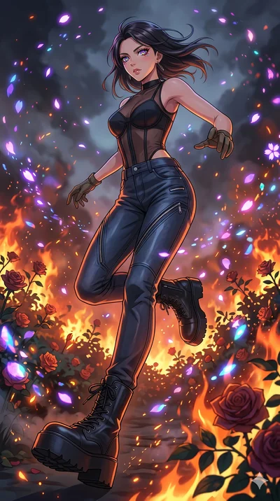 score_9, masterpiece, best quality, ultra-detailed, Set A: High-budget Anime Keyframe, Japanese woman. Low angle cowboy shot filling the entire 9:16 frame with her statuesque presence. Leaping through a burning rose garden, while her eyes glow with 3