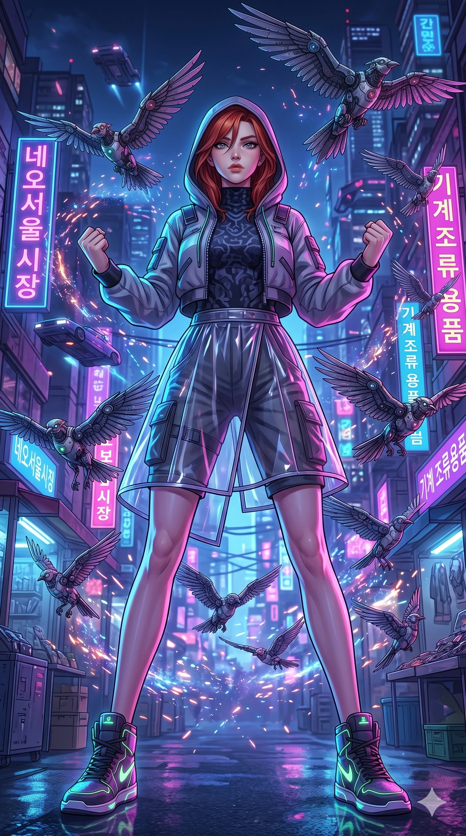 score_9, masterpiece, best quality, ultra-detailed, Set A: High-budget Anime Keyframe, Caucasian (strictly human ears) woman. Low angle cowboy shot filling the entire 9:16 frame with her statuesque presence. Standing victoriously through a neon-lit Neo-Seoul market, surrounded by a whirlwind of 202 mechanical birds and surrounded by glowing energy sparks. She has an absolutely perfect 8-heads proportion, an exceptionally tall and slender female figure with impossibly long slender legs and an ultra-slim waist. Sharp v-shaped jawline, high-bridge nose, intricate jewel-like eyes with depth, thick eyelashes, glossy lips with a natural sheen. Wearing Streetwear tech-hoodie with a transparent PVC skirt and neon sneakers. Cinematic lighting, vibrant colors, dramatic shadows, 2k, ultra detail, master piece, 9:16 ratio