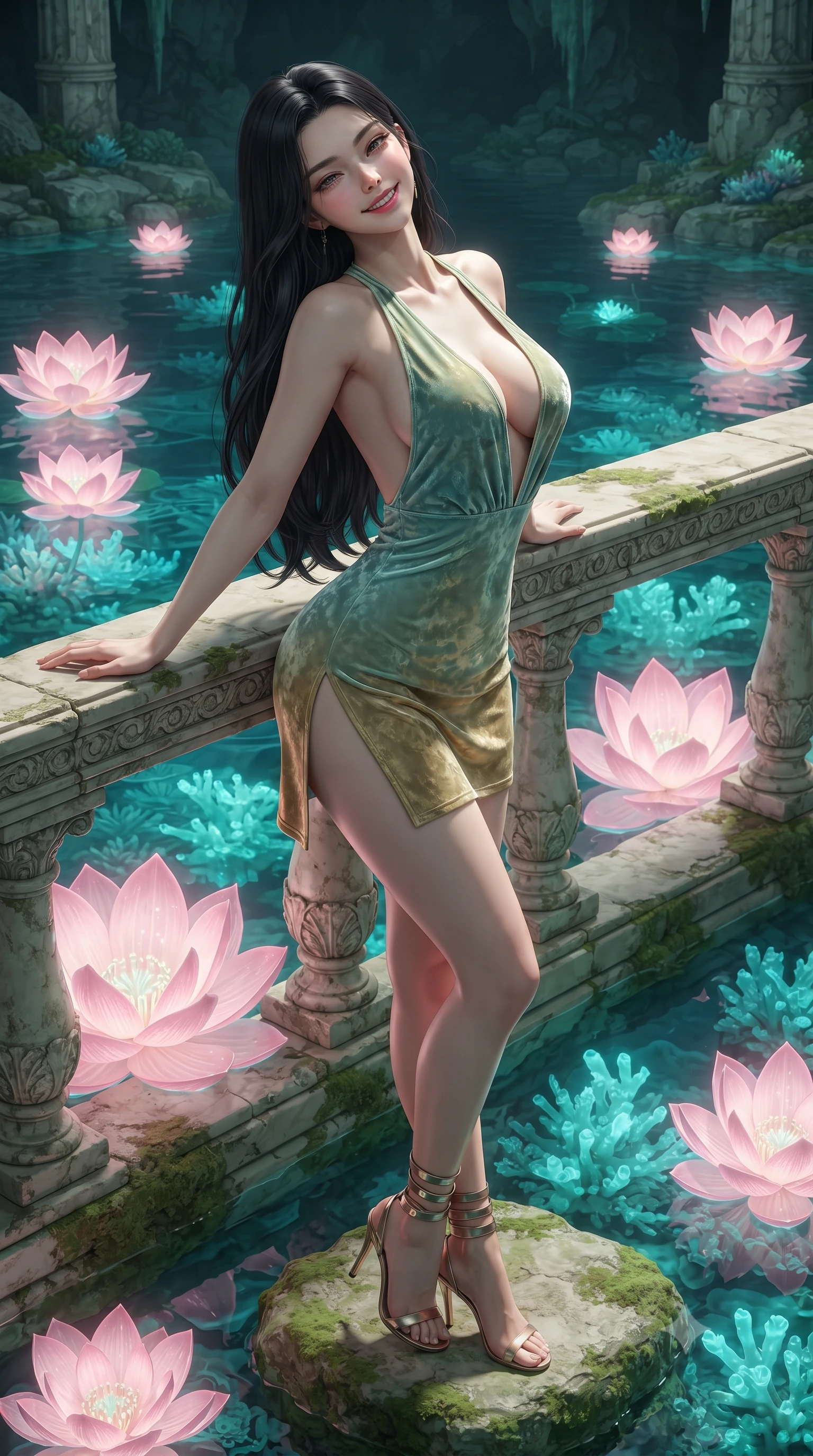 score_9, masterpiece, best quality, ultra-detailed, high-budget anime keyframe, editorial fashion photography, tasteful artistic composition, Korean woman. close-up cowboy shot from the waist and thighs up, the character dominates the composition, filling the frame with her large presence. leaning back against the balustrade with relaxed seductive grace, head tilted back slightly while casting a hypnotic, heavy-lidded gaze while standing poised on the limestone stepping stone amidst the subterranean lagoon, arching her lower back with siren elegance as giant bioluminescent lotus blossoms glow on the water surface. The surrounding environment is rendered in vivid detail and crisp panoramic clarity: sharp limestone strata textures, delicate glowing lotus petal veins, and crystal-clear water surface ripples in deep focus. She has an exceptionally elegant, slender, and willowy female figure with an ultra-slim waist, flat toned midriff, narrow ribcage, and sculpted feminine hips creating an alluring, slim hourglass silhouette without bulk. sharp v-shaped jawline, high-bridge nose, intricate jewel-like sparkling eyes with depth, thick eyelashes, glossy parted lips with a natural peach sheen, bright cheerful beaming smile with an enchanting and coquettish sensual glint, exuding both youthful cute charm and seductive allure, flawlessly proportioned anatomical accuracy, strict slender model proportions, natural body alignment, perfectly sculpted long slender limbs, ultra-slim waistline, clean dynamic posture without body distortion. wearing a backless crushed velvet mini dress with a deep plunging neckline and hip-high thigh slit in celadon jade and antique gold-leaf, woven from buttery-soft stretch lambskin leather adhering to her body like a second skin, complemented by strappy stiletto sandals with metallic ankle wraps accentuating her slender calves, the liquid-tight tailored fabric clinging flawlessly to her narrow waist and rounded feminine hips, emphasizing every millimeter of her sculpted slim hourglass curves without any bulky heaviness. bathed in the ethereal natural fluorescence of living turquoise corals mixed with the soft pink radiance of glowing lotuses. ultra-reflective glossy finish, specular highlights, rich textural contrasts, high-contrast stereoscopic depth, volumetric dynamic lighting, 2k, ultra detail, master piece, 9:16 ratio
