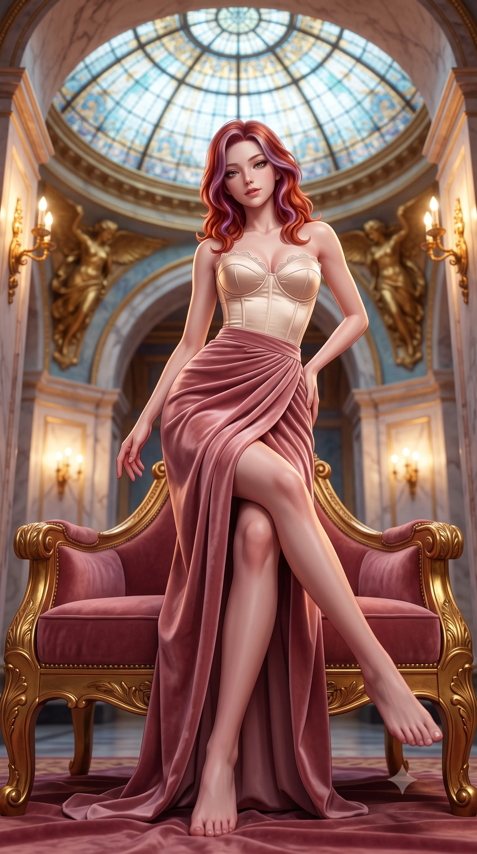 score_9, masterpiece, best quality, ultra-detailed, high-budget anime keyframe, semi-realistic 3D game render, editorial fashion photography, tasteful artistic composition, Caucasian woman. low angle full-body shot from head to toe showing her feet, filling the entire 9:16 vertical frame with her statuesque presence, stretching her vertical silhouette. lounging on the lavish daybed with legs crossed and hips angled toward the camera, displaying her toned midriff and long slender limbs with effortless siren poise while twisting her slender torso in an alluring contrapposto stance, shimmering ceiling mosaic tiles mirroring her narrow waist and rounded hips. The background shows a soft-focus circular glass mosaic ceiling dome, gilded sculptured figures, and marble arches blurred into gold, azure, and rose-quartz bokeh. She has an absolutely perfect, statuesque 8.5-heads proportion, an exceptionally tall and slender model-like female figure with impossibly long slender legs, an ultra-slim waist, a flat toned midriff, narrow delicate ribcage, and beautifully sculpted feminine hips creating a graceful, slim hourglass silhouette without any bulky heaviness. sharp v-shaped jawline, high-bridge nose, sparkling eyes with hypnotic seductive depth, thick curled eyelashes, glossy parted lips with a natural dewy peach sheen, alluring bedroom-eyes with an enchanting coquettish smile, exuding magnetic siren charisma and sophisticated glamour, flawlessly proportioned anatomical accuracy, strict slender model proportions, natural body alignment, perfectly sculpted long slender limbs, ultra-slim waistline, clean dynamic posture without body distortion. wearing a strapless boned satin corset bodice paired with a draped tulip ballet wrap skirt framing her hourglass curves in powder champagne cream and dusty rose velvet, tailored from ultra-plush velvet with rich tactile depth and deep shadow gradients, finished with scalloped eyelash lace trim framing her sweetheart neckline with intimate elegance, the second-skin tailored fabric adhering flawlessly to her sculpted flat midriff and slender torso, emphasizing her long leg lines and perfectly proportioned willowy build. bathed in warm 2800K gilded sconce radiance reflecting off gold leaf and mosaic glass. highly saturated vibrant anime colors, detailed shading with soft gradients, rich glossy textures, high-contrast stereoscopic depth, volumetric dynamic lighting, master piece, 9:16 ratio