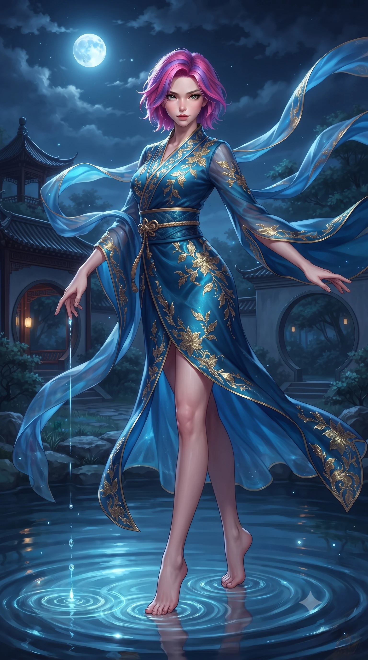 score_9, masterpiece, best quality, ultra-detailed, high-budget anime keyframe, editorial fashion photography, tasteful artistic composition, Caucasian woman. low angle full-body shot from head to toe showing her feet, filling the entire 9:16 vertical frame with her statuesque presence, stretching her vertical silhouette. landing lightly on the balls of her feet in a balanced kinetic stance, eyes locked onto the camera with fearless allure while dipping her fingertips playfully into the crystal pond, sending luminescent ripple rings spreading through the water. The surrounding environment is rendered in vivid detail and crisp panoramic clarity. transcendent nocturnal oriental chiaroscuro and magical moonlit garden architecture in precision. She has an absolutely perfect, statuesque 8.5-heads proportion, an exceptionally tall and slender model-like female figure with impossibly long slender legs, a toned flat midriff, and an ultra-slim waist. sharp v-shaped jawline, high-bridge nose, intricate jewel-like eyes with depth, thick eyelashes, glossy lips with a natural sheen, captivating and magnetic expression, flawlessly proportioned anatomical accuracy, strict slender model proportions, natural body alignment, perfectly sculpted long slender limbs, ultra-slim waistline, clean dynamic posture without body distortion. wearing a traditional-modern silk fusion wrap dress with asymmetric trailing sleeves and waist-cinching obi in deep azure blue and gold leaf embroidery, crafted from weightless prism organza that refracts light with every motion, complemented by long flowing silk arm ribbons that float weightlessly in the air, the sleek tailored cut tightly hugging her graceful clavicle, narrow waist, and feminine curves with statuesque precision. surrounded by an otherworldly, sacred, and breathtakingly pure moon goddess aura. ultra-reflective glossy finish, specular highlights, rich textural contrasts, high-contrast stereoscopic depth, volumetric dynamic lighting, 2k, ultra detail, master piece, 9:16 ratio