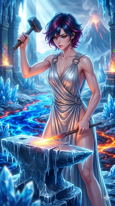 score_9, masterpiece, best quality, ultra-detailed, high-budget anime keyframe, Japanese woman. upper body close-up from the thighs up, character filling the screen for maximum presence. forging in a prismatic ice-volcano temple where glowing cobalt-