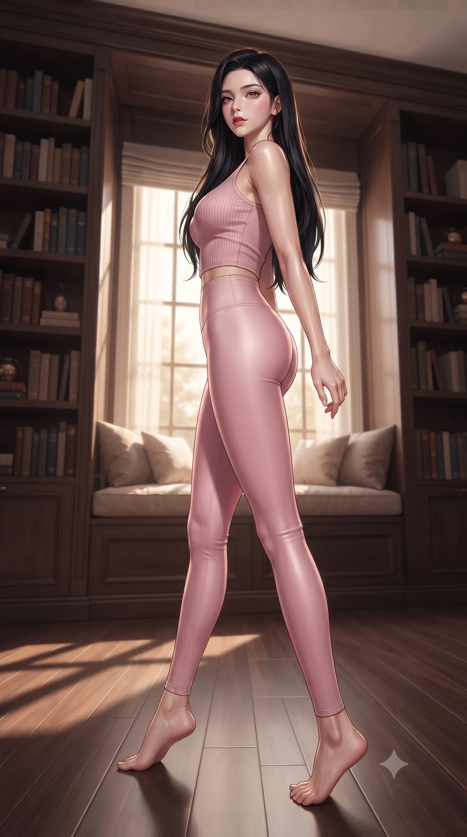 score_9, masterpiece, best quality, ultra-detailed, high-budget anime keyframe, editorial fashion photography, tasteful artistic composition, Korean woman woman. low angle full-body shot from head to toe showing her feet, filling the entire 9:16 vertical frame with her statuesque presence, stretching her vertical silhouette. stepping gracefully while looking back over her shoulder, her dress draped tightly to reveal her silhouette the background shows a soft-focus a quiet personal library room with bookshelves lining the walls and a plush window seat. She has an absolutely perfect, statuesque 8.5-heads proportion, an exceptionally tall and slender model-like female figure with impossibly long slender legs and an ultra-slim waist. sharp v-shaped jawline, high-bridge nose, intricate jewel-like eyes with depth, thick eyelashes, glossy lips with a natural sheen. wearing a slim-fit body-hugging light pink crop tank top paired with high-waisted tight-fitting leggings. soft golden afternoon light filtering through the window, casting long shadow patterns. ultra-reflective glossy finish, specular highlights, metallic sheen, high-contrast stereoscopic depth, volumetric dynamic lighting, 2k, ultra detail, master piece, 9:16 ratio