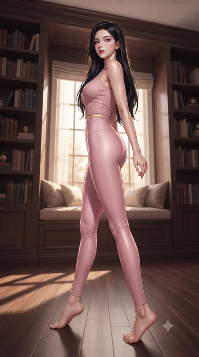 score_9, masterpiece, best quality, ultra-detailed, high-budget anime keyframe, editorial fashion photography, tasteful artistic composition, Korean woman woman. low angle full-body shot from head to toe showing her feet, filling the entire 9:16 vert