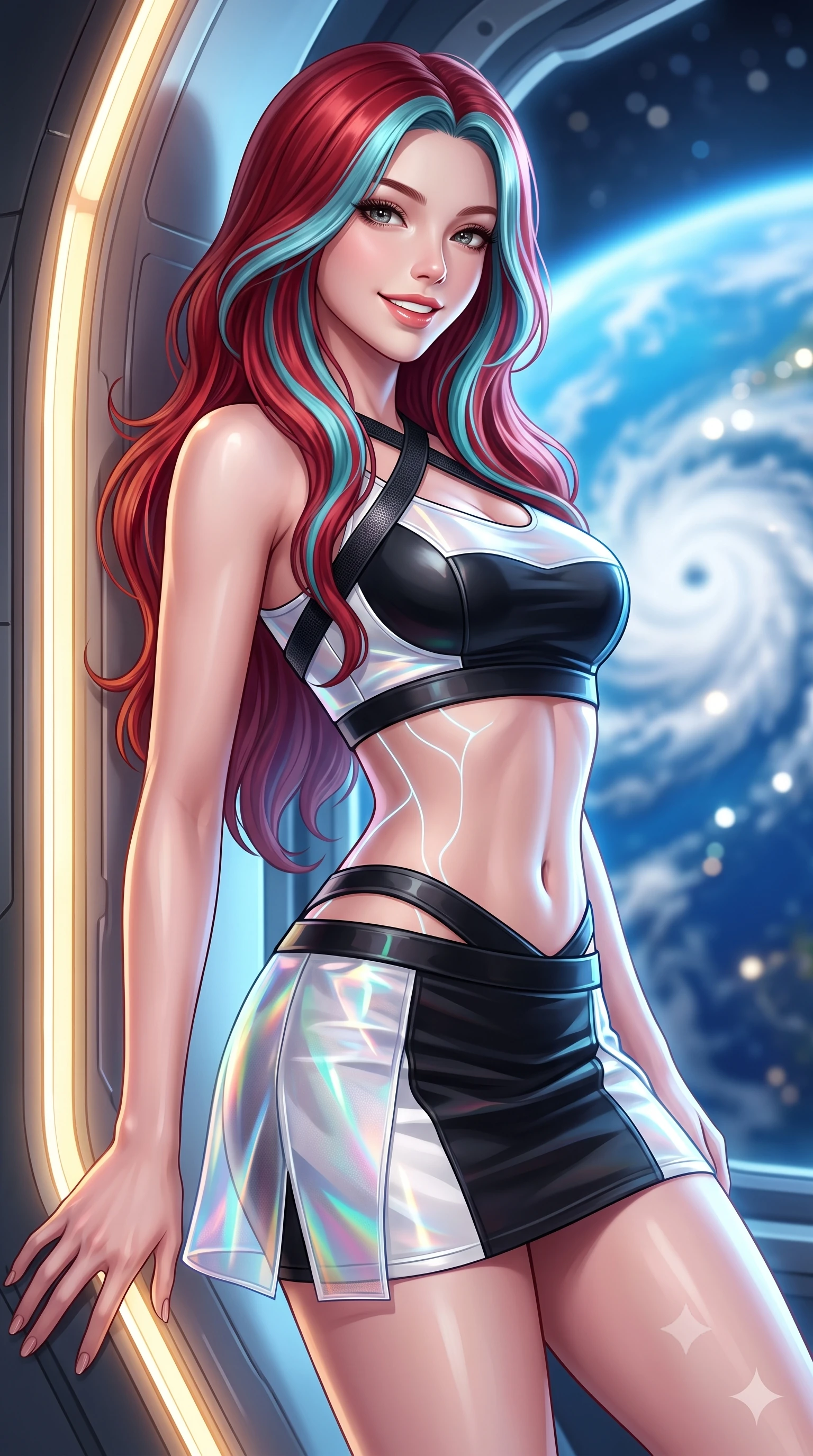 score_9, masterpiece, best quality, ultra-detailed, high-budget anime keyframe, semi-realistic 3D game render, editorial fashion photography, tasteful artistic composition, Caucasian woman. close-up cowboy shot from the waist and thighs up, the character dominates the composition, filling the frame with her large presence. leaning back against the glowing maintenance bulkhead with relaxed seductive grace, her flat midriff and narrow waist highlighted as laser ambient light traces her curves while twisting her slender torso in an alluring contrapposto stance, oceanic blue sunlight and orbital cloud swirls tracing her hourglass curves. The background shows a soft-focus the colossal blue disk of Earth with white hurricane spirals and shimmering sun glints blurred into ocean sapphire, cloud white, and starlight bokeh. She has an exceptionally elegant, slender, and willowy female figure with an ultra-slim waist, flat toned midriff, narrow ribcage, and sculpted feminine hips creating an alluring, slim hourglass silhouette without bulk. sharp v-shaped jawline, high-bridge nose, intricate jewel-like sparkling eyes with depth, thick eyelashes, glossy parted lips with a natural sheen, bright confident smile with an enchanting and coquettish sensual glint, exuding both youthful magnetic charm and sovereign high-tech allure, flawlessly proportioned anatomical accuracy, strict slender model proportions, natural body alignment, perfectly sculpted long slender limbs, ultra-slim waistline, clean dynamic posture without body distortion. wearing a body-hugging modern carbon-alloy crop top paired with a low-rise tactical skirt and a subtle waist cut-out in dual-tone high-contrast monochrome black and stark white, woven from layered gossamer holographic organza casting chromatic prism reflections, finished with criss-cross Kevlar tactical straps tracing her graceful shoulder blades, the aerodynamic second-skin silhouette tightly following the natural contour of her hips and long slender legs with youthful 8.5-heads elegance. illuminated by warm cabin ambient fill and crisp platinum rim lighting sculpting her razor-sharp jawline, narrow waist, and curvy hips. highly saturated vibrant anime colors, detailed shading with soft gradients, rich glossy textures, high-contrast stereoscopic depth, volumetric dynamic lighting, master piece, 9:16 ratio