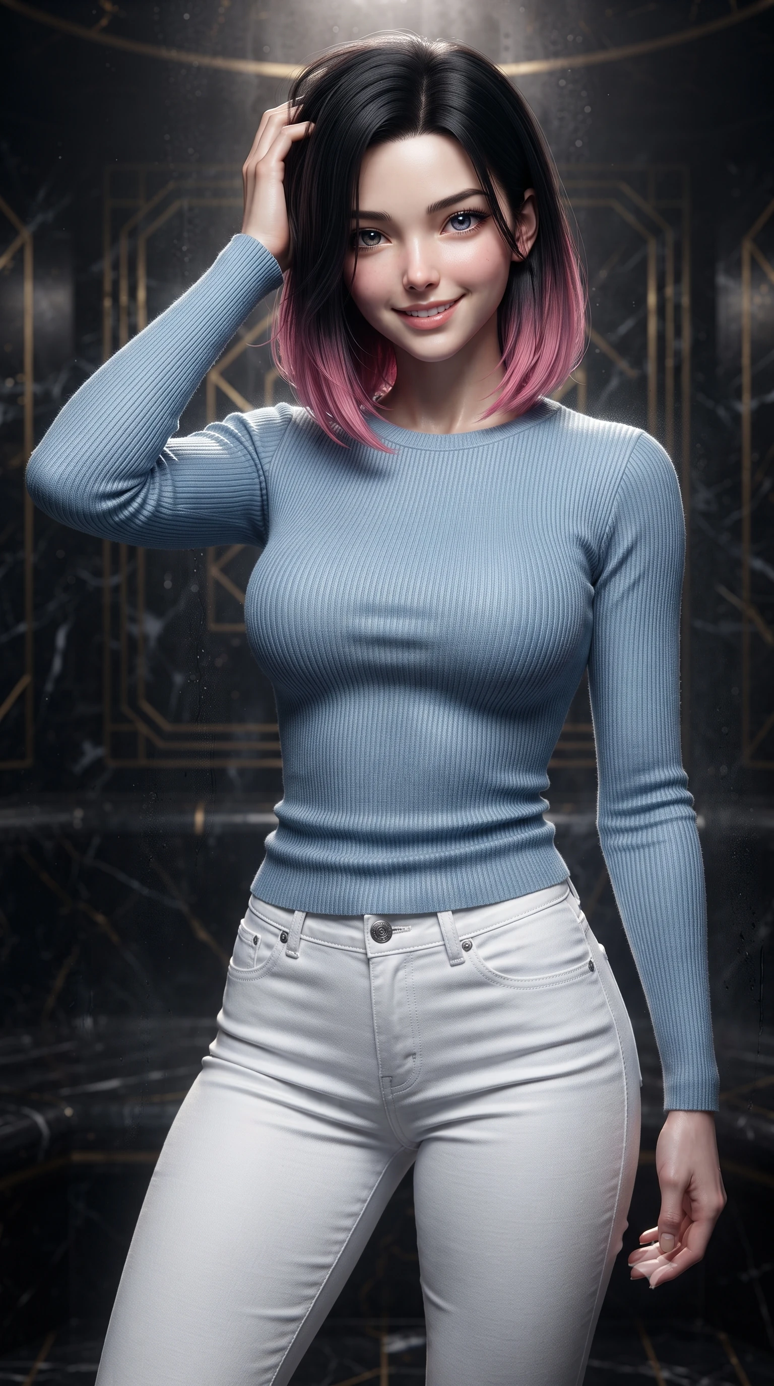 score_9, masterpiece, best quality, ultra-detailed, high-budget anime keyframe, editorial fashion photography, tasteful artistic composition, Korean woman woman. close-up cowboy shot from the waist and thighs up, the character dominates the composition, filling the frame with her large presence, background elements kept in soft focus. smiling with quiet, magnetic self-assurance directly into the camera, running a hand through her hair the background shows a soft-focus a private steam room built of dark obsidian stone with gold accents. She has an exceptionally elegant, slender, and willowy female figure with an ultra-slim waist, a gracefully sculpted slender torso, and a refined silhouette. sharp v-shaped jawline, high-bridge nose, intricate jewel-like eyes with depth, thick eyelashes, glossy lips with a natural sheen. wearing a slim-fit body-hugging light blue ribbed long-sleeve top paired with tight white denim pants. dramatic chiaroscuro lighting focusing on her athletic, slender build. ultra-reflective glossy finish, specular highlights, metallic sheen, high-contrast stereoscopic depth, volumetric dynamic lighting, 2k, ultra detail, master piece, 9:16 ratio