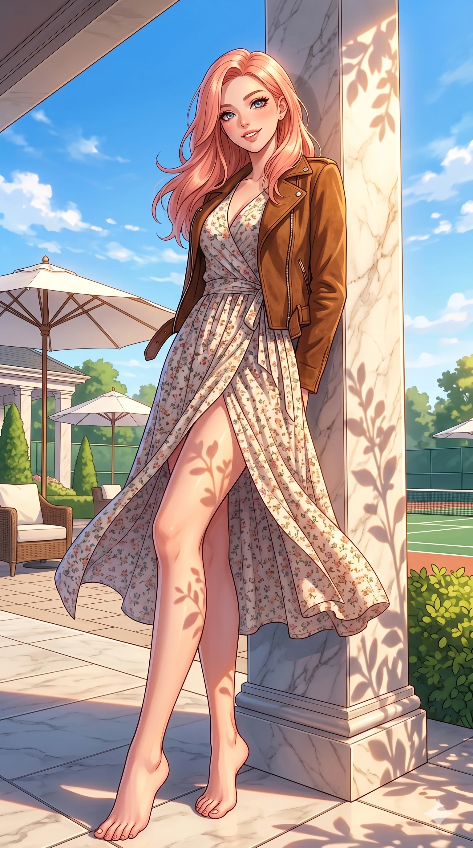score_9, masterpiece, best quality, ultra-detailed, high-budget anime keyframe, vibrant anime aesthetic, Japanese woman. low angle full-body shot from head to toe showing her feet, filling the entire 9:16 vertical frame with her statuesque presence, stretching her vertical silhouette. She is leaning against a marble pillar, casting a lively, smiling gaze at the lens by a high-end tennis club patio with white umbrellas under a brilliant sky (Code-P20-018). She has an absolutely perfect 8-heads proportion, an exceptionally tall and slender female figure with impossibly long slender legs and an ultra-slim waist. V-shaped jawline, high-bridge nose, intricate jewel-like eyes with depth, thick eyelashes, glossy lips with a natural sheen. wearing a floral print wrap dress with long sleeves and a suede jacket. She is drenched in warm afternoon sunbeams, casting soft garden shadows on her skin. 2k, ultra detail, master piece, 9:16 ratio