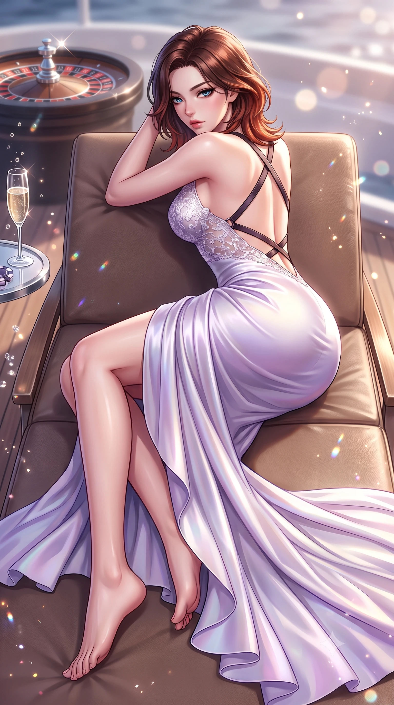 score_9, masterpiece, best quality, ultra-detailed, high-budget anime keyframe, semi-realistic 3D game render, editorial fashion photography, tasteful artistic composition, Korean woman. low angle full-body shot from head to toe showing her feet, filling the entire 9:16 vertical frame with her statuesque presence, stretching her vertical silhouette. reclining on her side in an elegant Cleopatra pose with one knee drawn up, the dramatic contour of her rounded hips and long slender legs commanding the 9:16 vertical frame while lounging languidly across an outdoor leather yacht lounger, one leg extended and torso propped on one elbow to accentuate her sweeping hip line. The composition keeps background elements in soft focus with creamy bokeh. crystal champagne bubbles and roulette wheel chrome reflections scattering sparkling light motes. She has an absolutely perfect, statuesque 8.5-heads proportion, an exceptionally tall and slender model-like female figure with impossibly long slender legs, a toned flat midriff, an ultra-slim waist, and beautifully sculpted feminine hips. sharp v-shaped jawline, high-bridge nose, intricate jewel-like eyes with depth, thick eyelashes, glossy parted lips with a natural sheen, intensely captivating and seductive bedroom-eyes expression, flawlessly proportioned anatomical accuracy, strict slender model proportions, natural body alignment, perfectly sculpted long slender limbs, ultra-slim waistline, clean dynamic posture without body distortion. wearing an open-back duchess satin gala gown with a dramatic hip-hugging drape and cascading trailing hem in pearlescent opal with soft violet luster, formed from shimmering floral lace over smooth opaque silk lining, featuring an open-back criss-cross harness strap in dark leather, the dramatically scooped open back descending to the base of her spine, accentuating her razor-sharp statuesque lines and curvy hourglass silhouette. surrounded by an elite, intoxicating, and irresistibly glamorous Monte Carlo heiress aura. highly saturated vibrant anime colors, detailed shading with soft gradients, rich glossy textures, high-contrast stereoscopic depth, volumetric dynamic lighting, master piece, 9:16 ratio