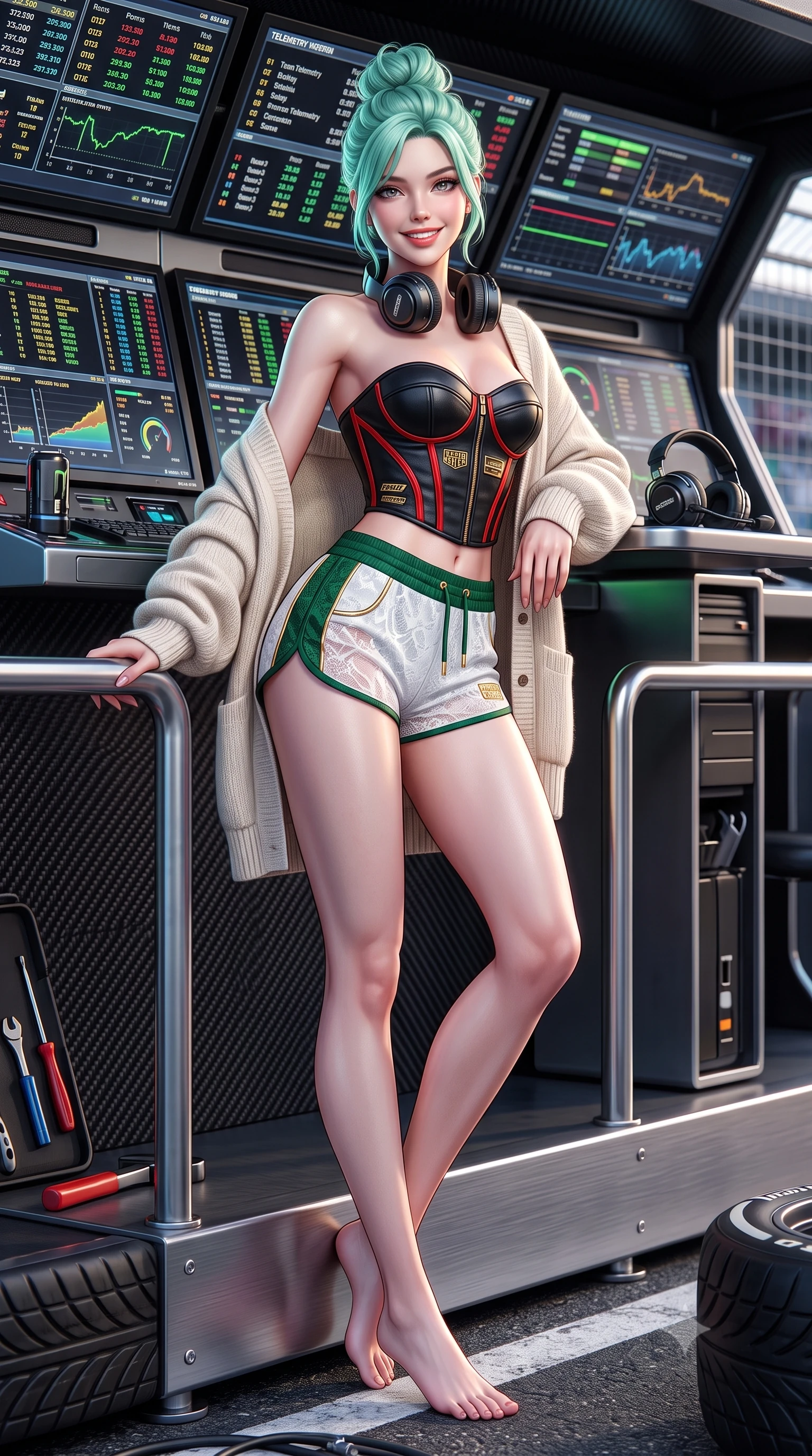 score_9, masterpiece, best quality, ultra-detailed, high-budget anime keyframe, semi-realistic 3D game render, editorial fashion photography, tasteful artistic composition, Japanese woman. low angle full-body shot from head to toe showing her feet, filling the entire 9:16 vertical frame with her statuesque presence, stretching her vertical silhouette. leaning deep against the pit lane barrier with hips cocked back in an unapologetically alluring high-fashion stance, flashing a warm beaming smile while leaning against the team telemetry console with hips cocked back, looking into the lens with an intoxicating, smoldering gaze amidst headset equipment. The surrounding environment is rendered in vivid detail and crisp panoramic clarity: sharp telemetry monitor graphic screens, carbon pit wall panel textures, and asphalt tire rubber scuffs in deep focus. She has an absolutely perfect, statuesque 8.5-heads proportion, an exceptionally tall and slender model-like female figure with impossibly long slender legs, an ultra-slim waist, a flat toned midriff, narrow delicate ribcage, and beautifully sculpted feminine hips creating a graceful, slim hourglass silhouette without any bulky heaviness. sharp v-shaped jawline, high-bridge nose, sparkling eyes with athletic focus and depth, thick curled eyelashes, glossy parted lips with a natural coral-peach sheen, bright confident and coquettish smile with alluring bedroom-eyes, exuding both youthful sporty vigor and sovereign high-society glamour, flawlessly proportioned anatomical accuracy, strict slender model proportions, natural body alignment, perfectly sculpted long slender limbs, ultra-slim waistline, clean dynamic posture without body distortion. wearing a strapless structured leather corset top with racing stripe accents paired with high-waisted track shorts in crisp Wimbledon white and British racing green with gold accents, crafted from sheer delicate stretch lace reinforced with technical sport threads, complemented by an oversized cashmere knit cardigan slipping off one bare shoulder, the high-waisted wrap tailoring accentuating her ultra-slim waistline and the enchanting curve of her feminine hips with alluring sporty charm. illuminated by telemetry screen bounce and sharp platinum rim lights carving her razor-sharp jawline, narrow waist, and curvy hips. highly saturated vibrant anime colors, detailed shading with soft gradients, rich glossy textures, high-contrast stereoscopic depth, volumetric dynamic lighting, master piece, 9:16 ratio